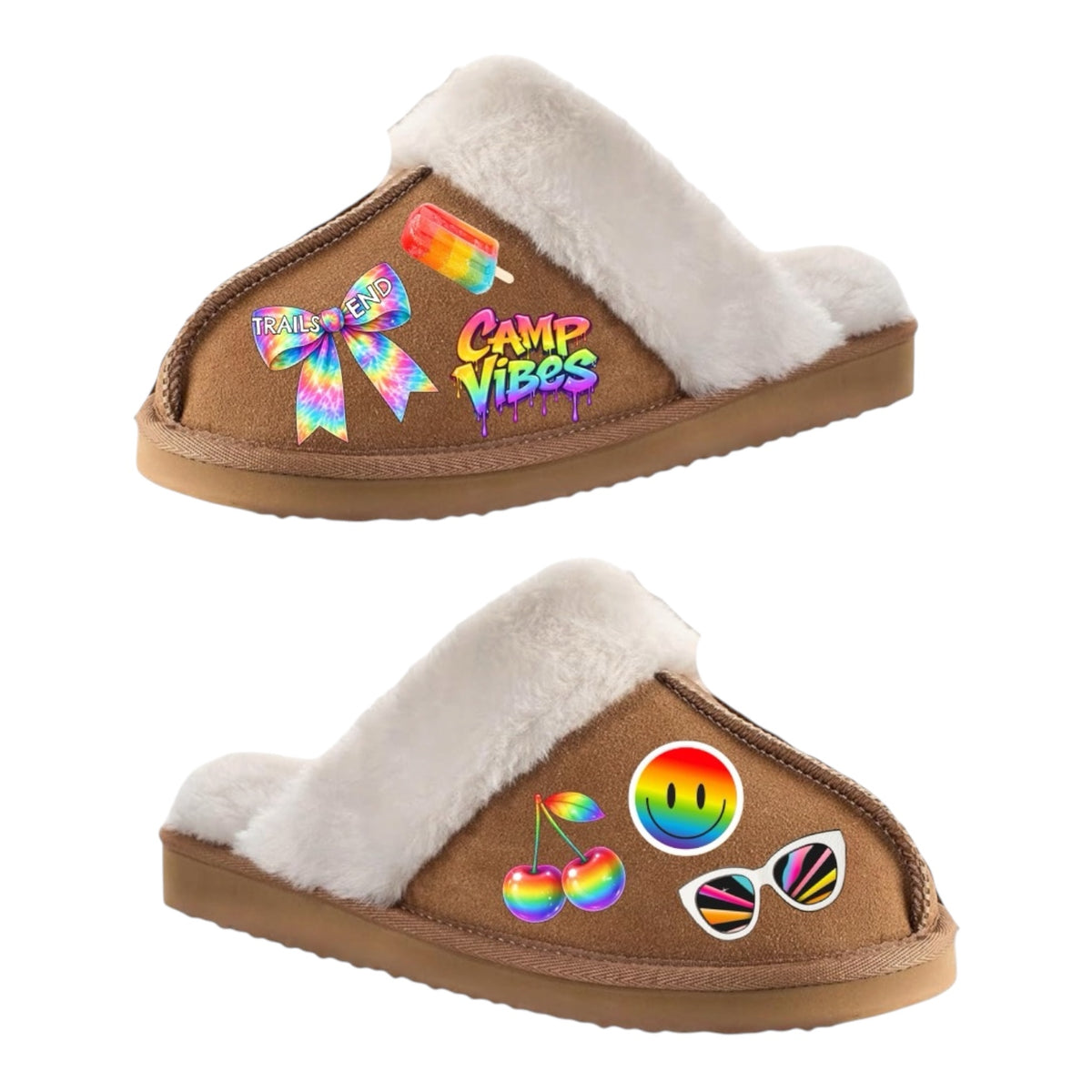 Tan cozy slipper with white fur trim featuring green camp-themed designs including lips, hearts, and sunglasses patches on brown suede