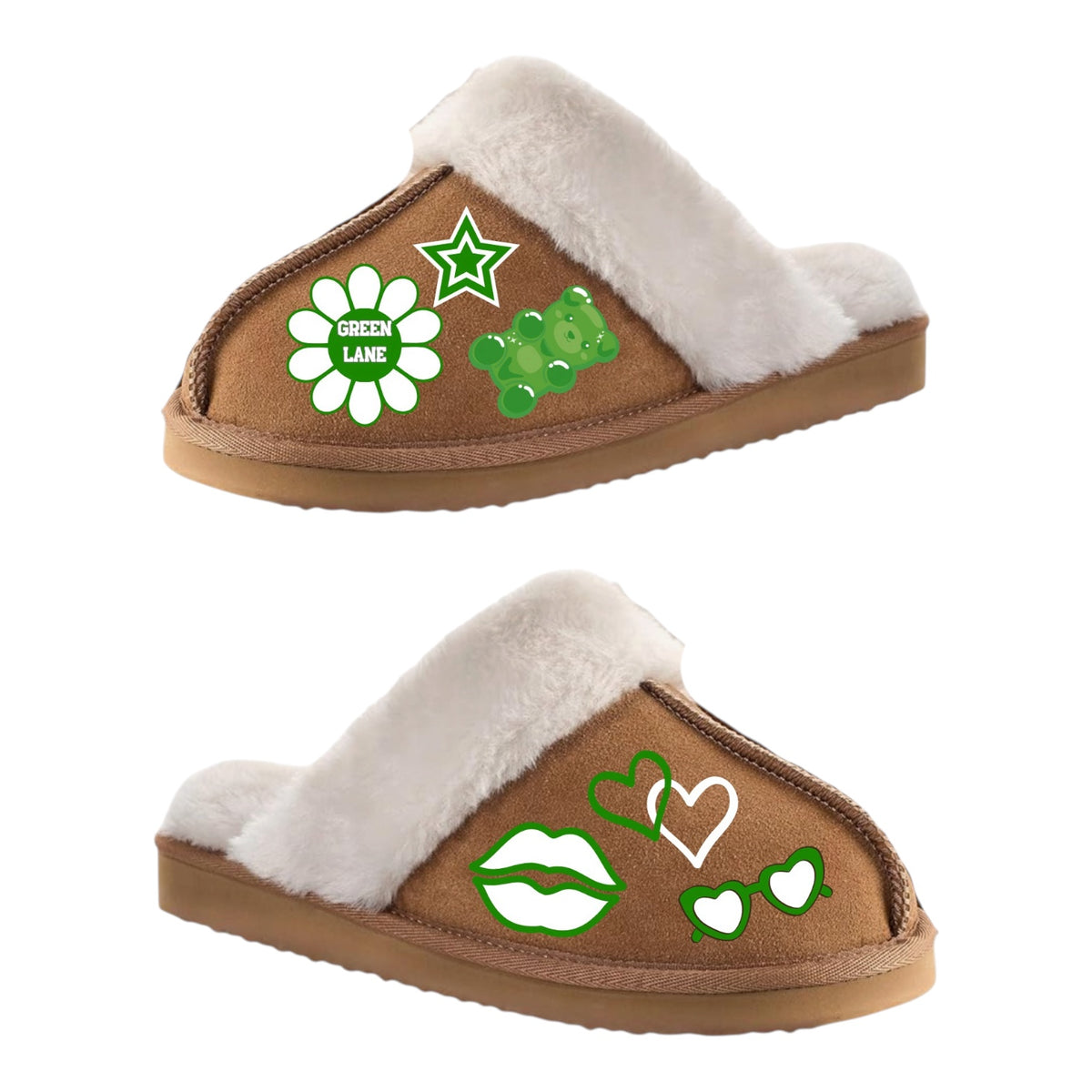 Tan cozy slipper with white fur trim and green camp-themed patches including flower, star, and gummy bear on brown suede upper