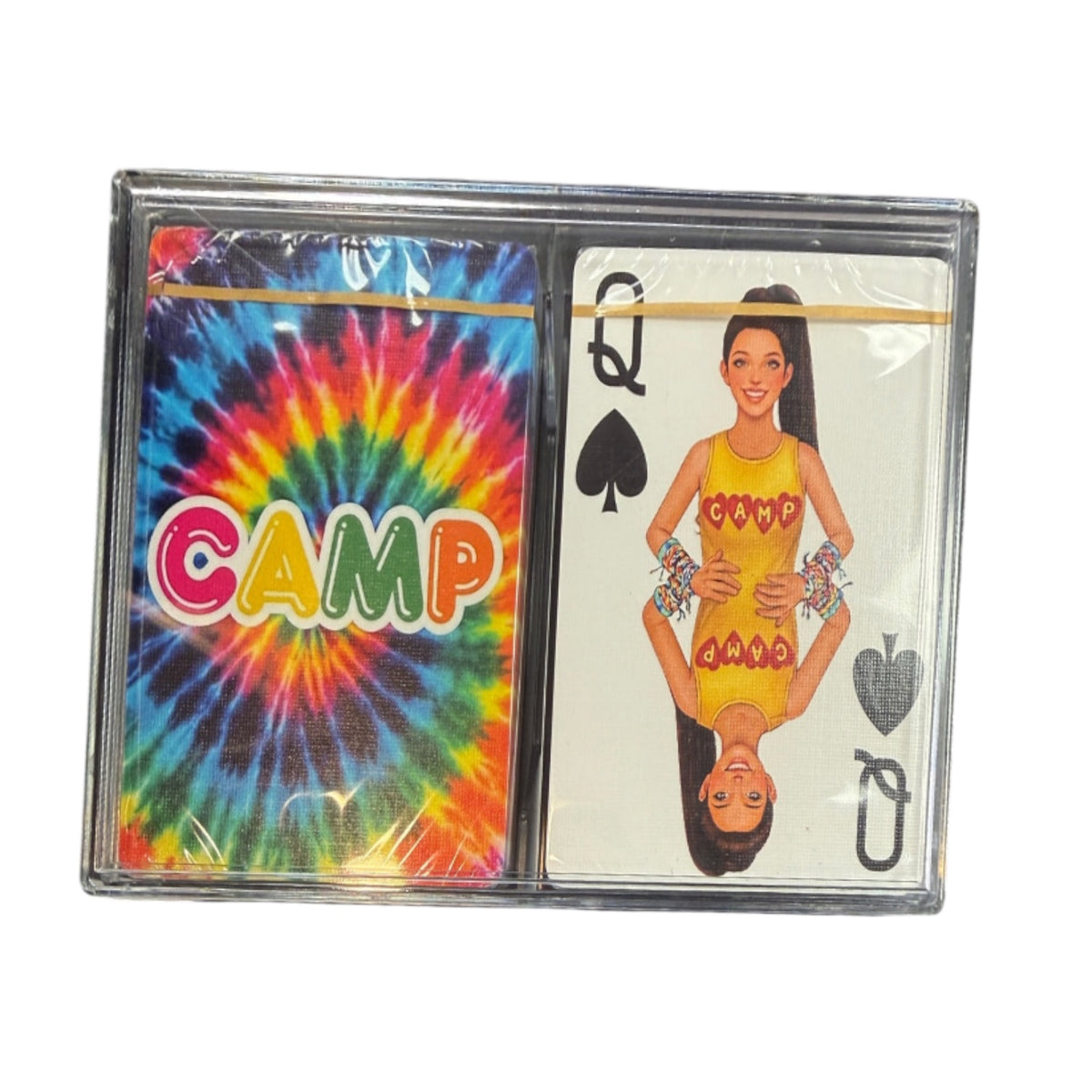 Camp playing cards in clear case showing tie-dye back with CAMP text and Queen of Spades card featuring camper in yellow camp swimsuit