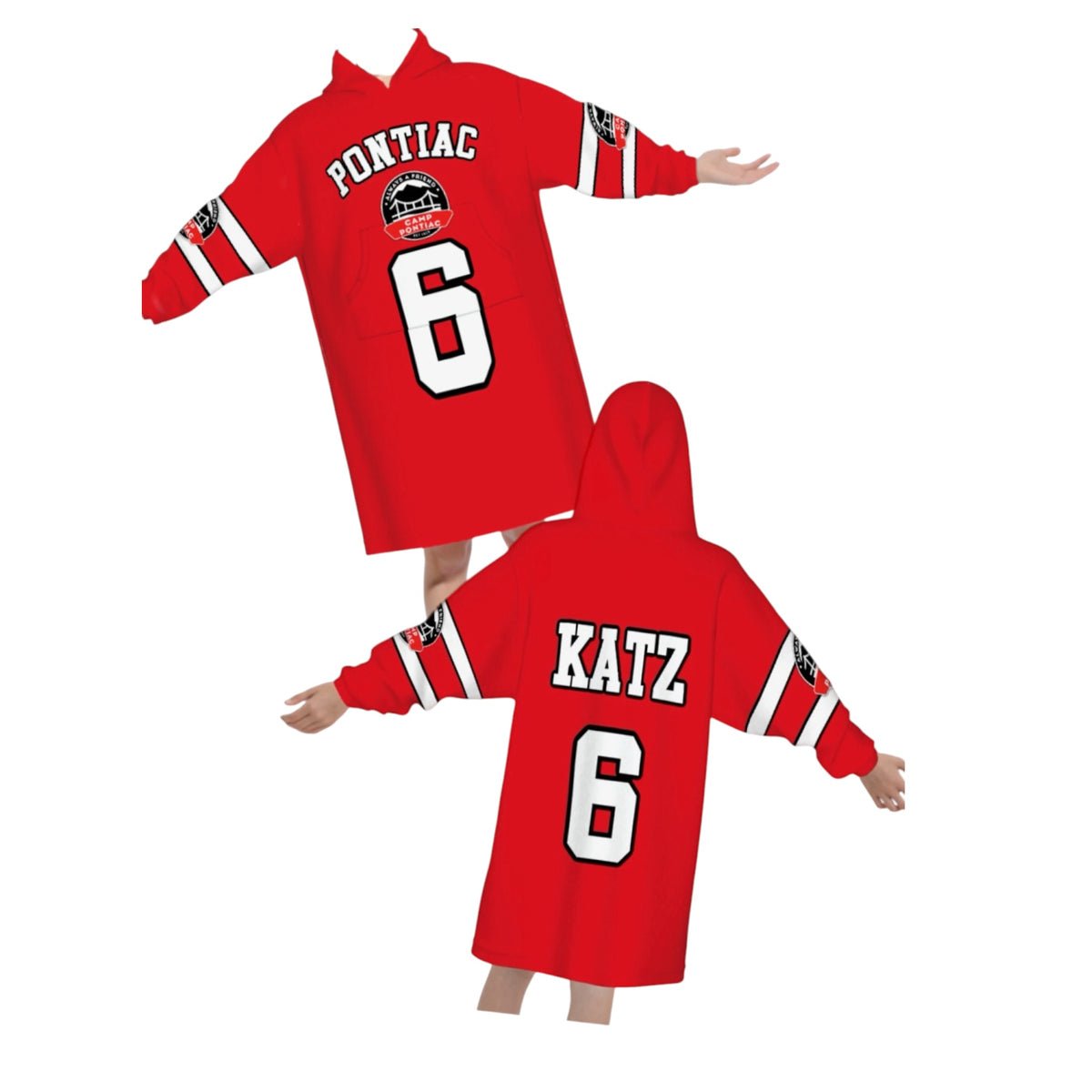 Red custom oversized jersey hoodie with Pontiac camp name and bridge logo, KATZ on back, number 6, showing front and back views
