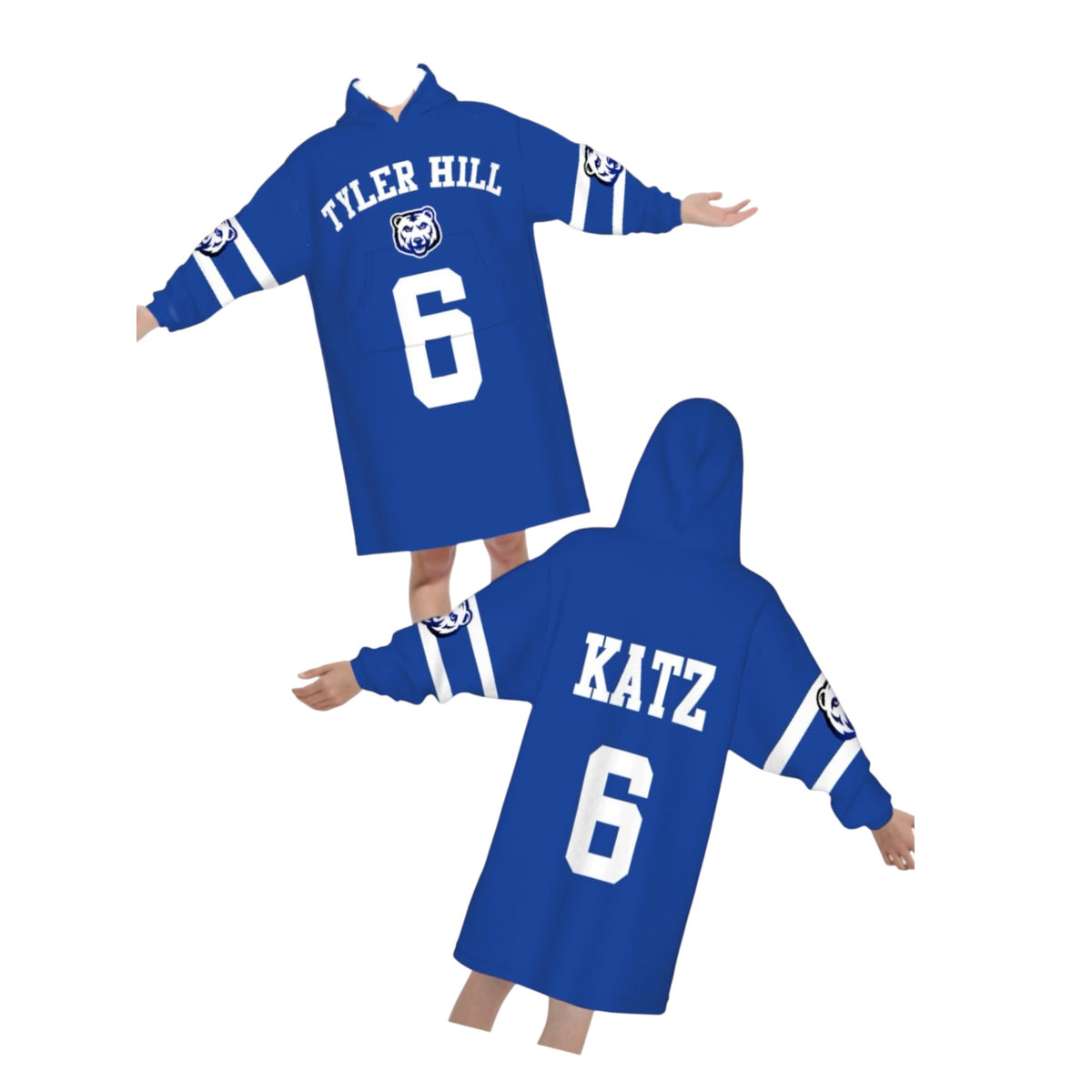 Blue custom oversized jersey hoodie with Tyler Hill camp name and bear logo, KATZ on back, number 6, showing front and back views