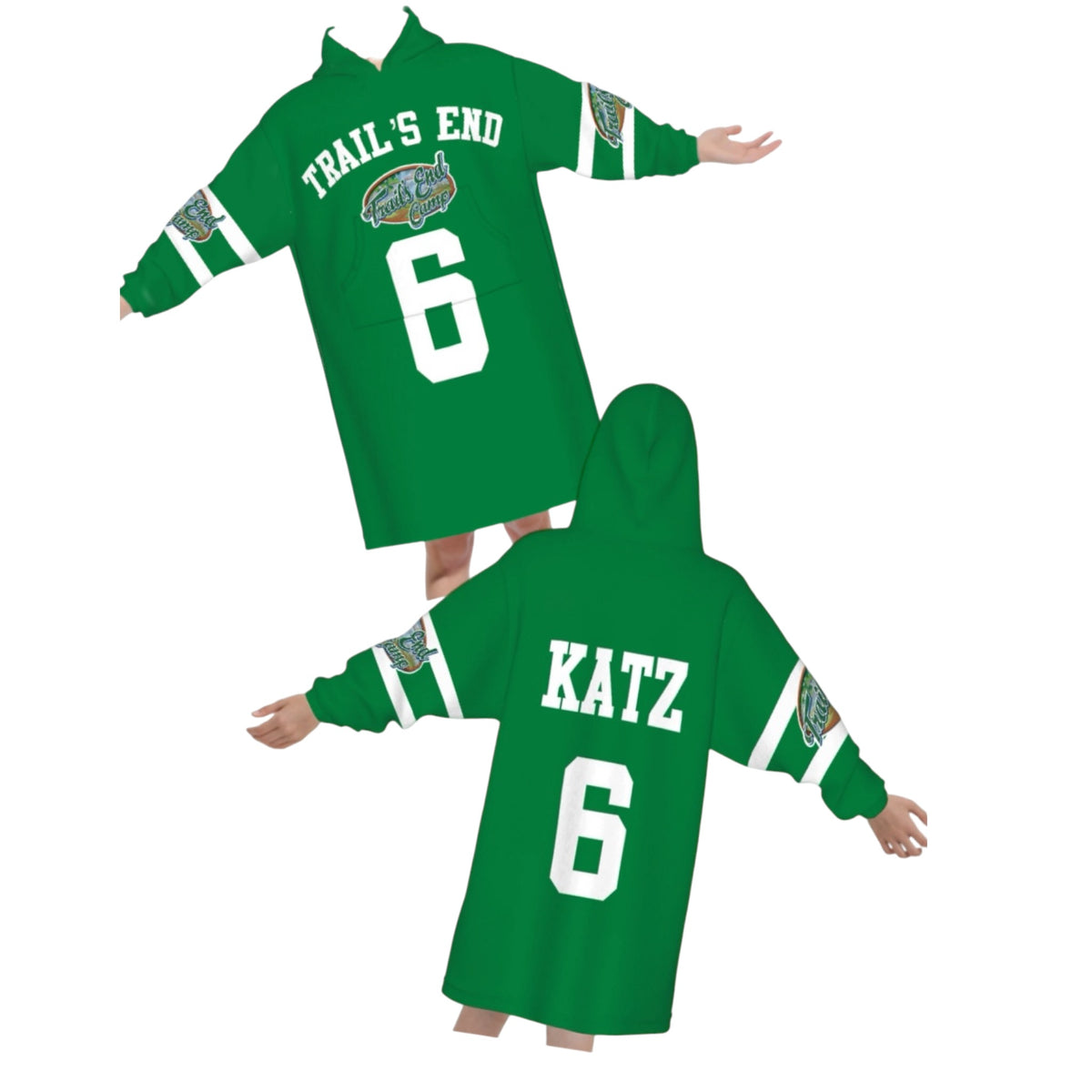 Green custom oversized jersey hoodie with Trail's End camp name, KATZ on back, number 6, showing front and back views