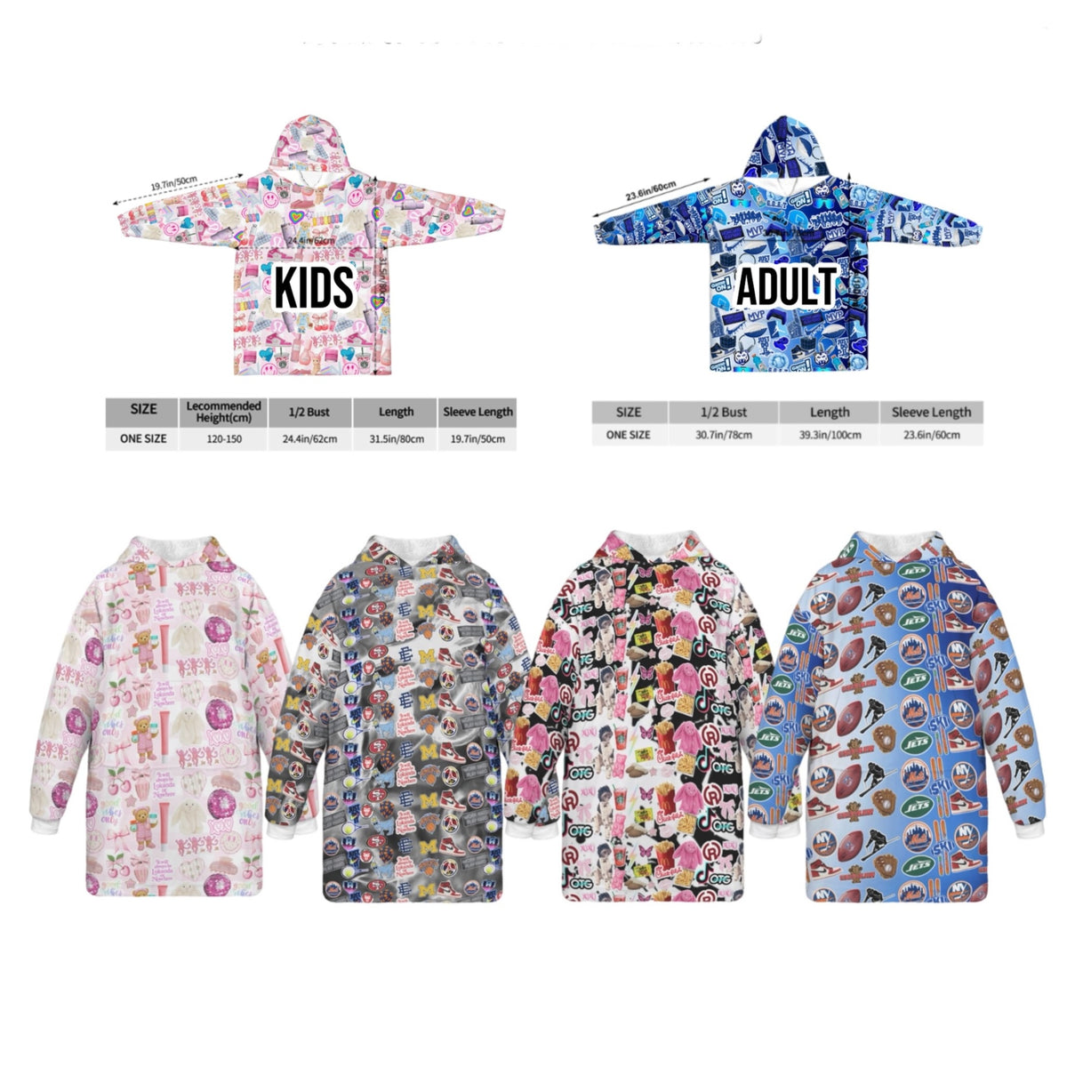 Pink bow pattern oversized hoodie labeled Jordyn and multicolor sneaker pattern hoodie labeled BRADEN with size charts showing kids and adult measurements
