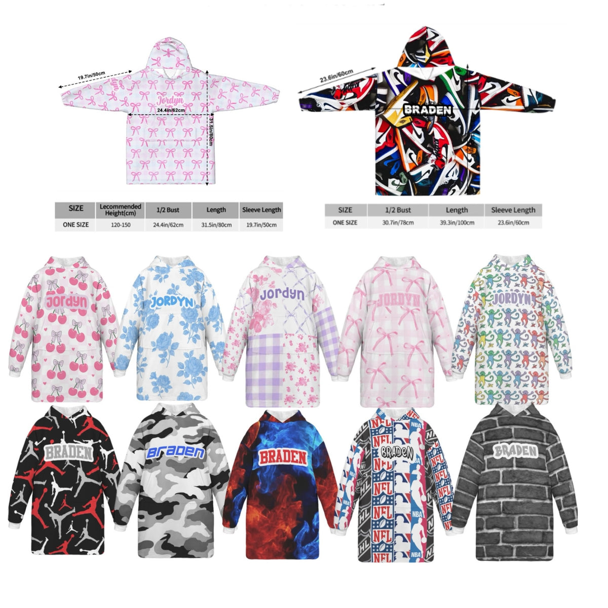 Collection of eight oversized jersey hoodies in various patterns including pink hearts, colorful stickers, sports themes, and graffiti designs displayed flat