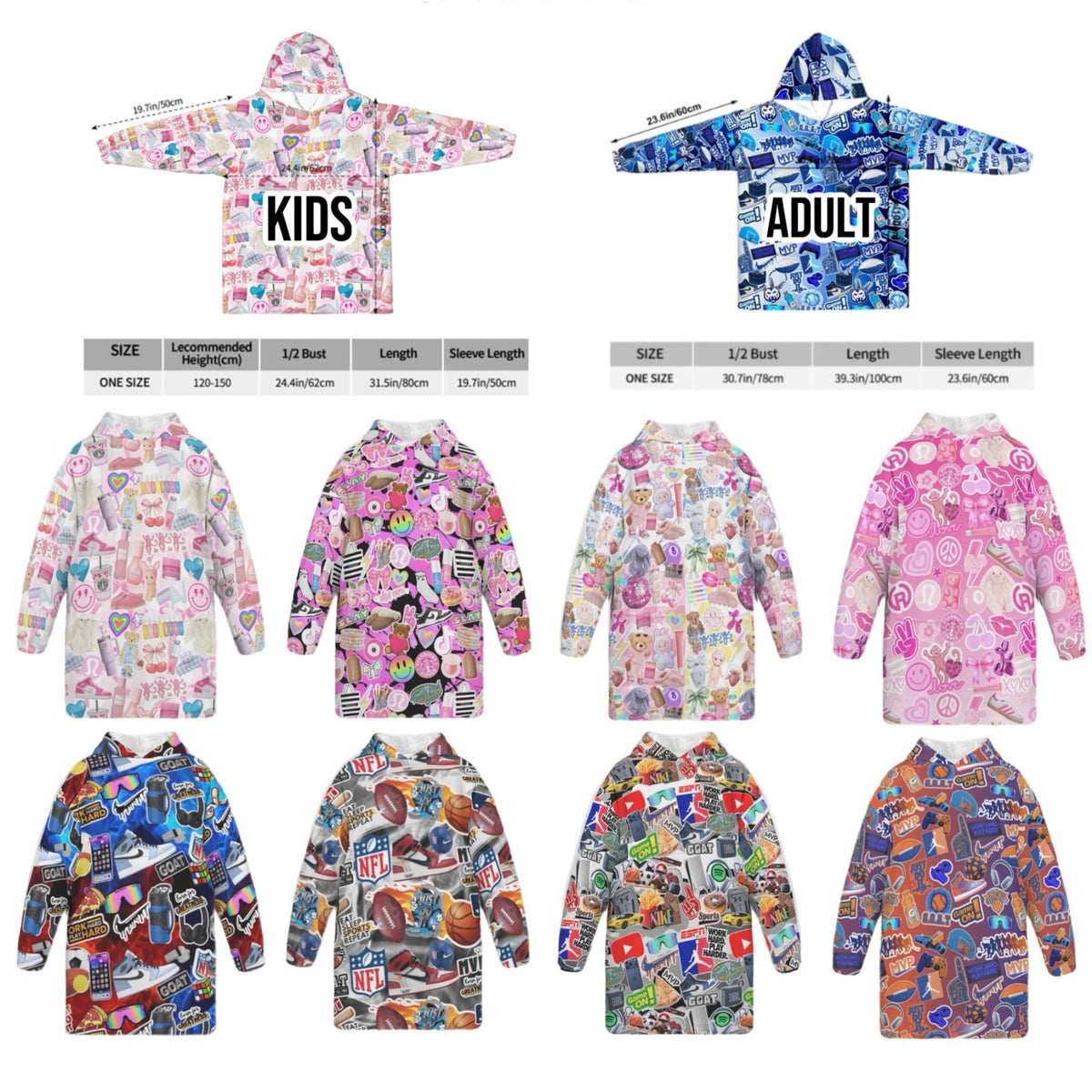 Pink patterned oversized jersey hoodie for kids labeled KIDS with measurement diagram showing 19.7in width and 31.5in length, and blue patterned adult size hoodie labeled ADULT with measurements
