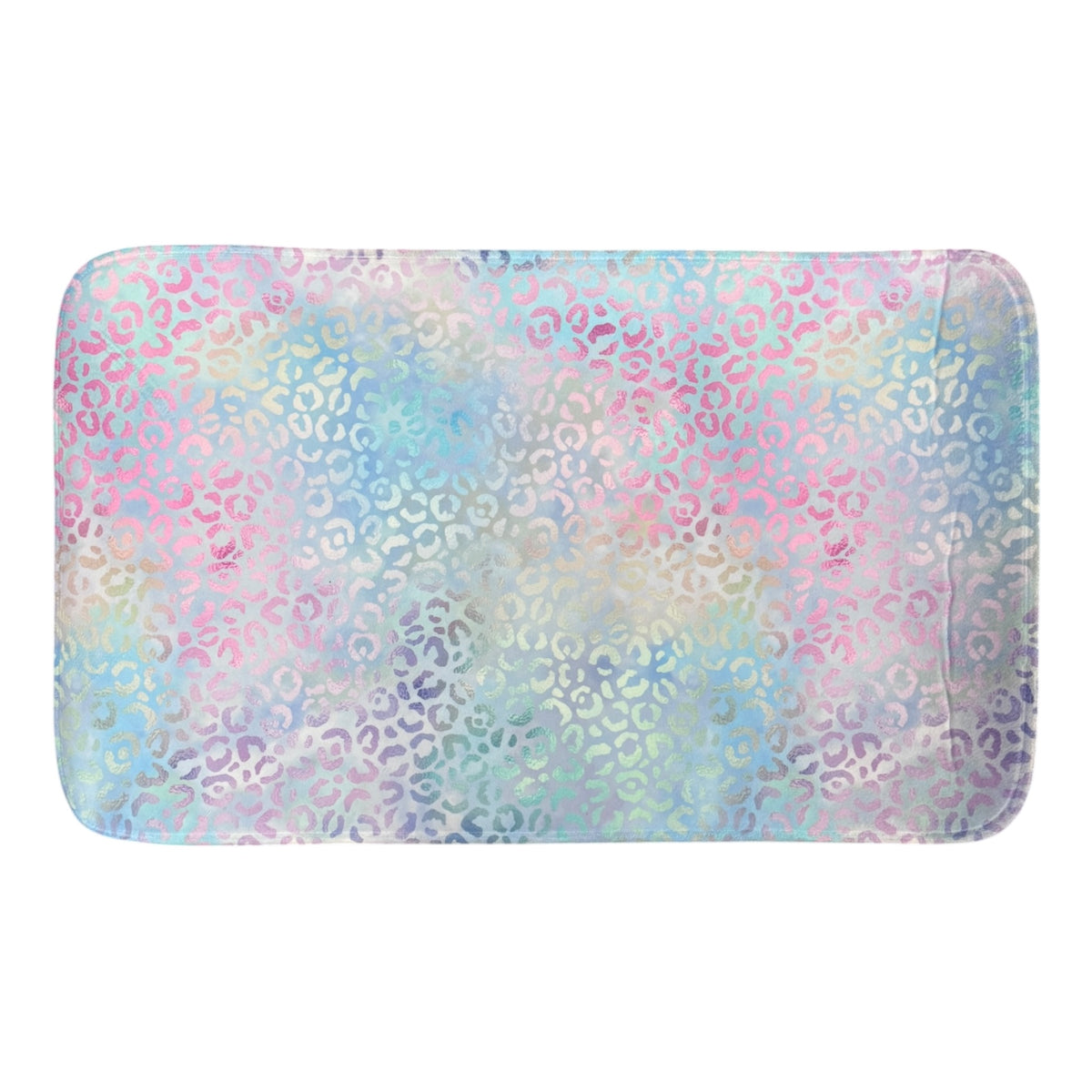 Shimmery leopard print camp floor mat with iridescent spots in pink, blue, and purple on soft plush background, designed for sleepaway camp bunks