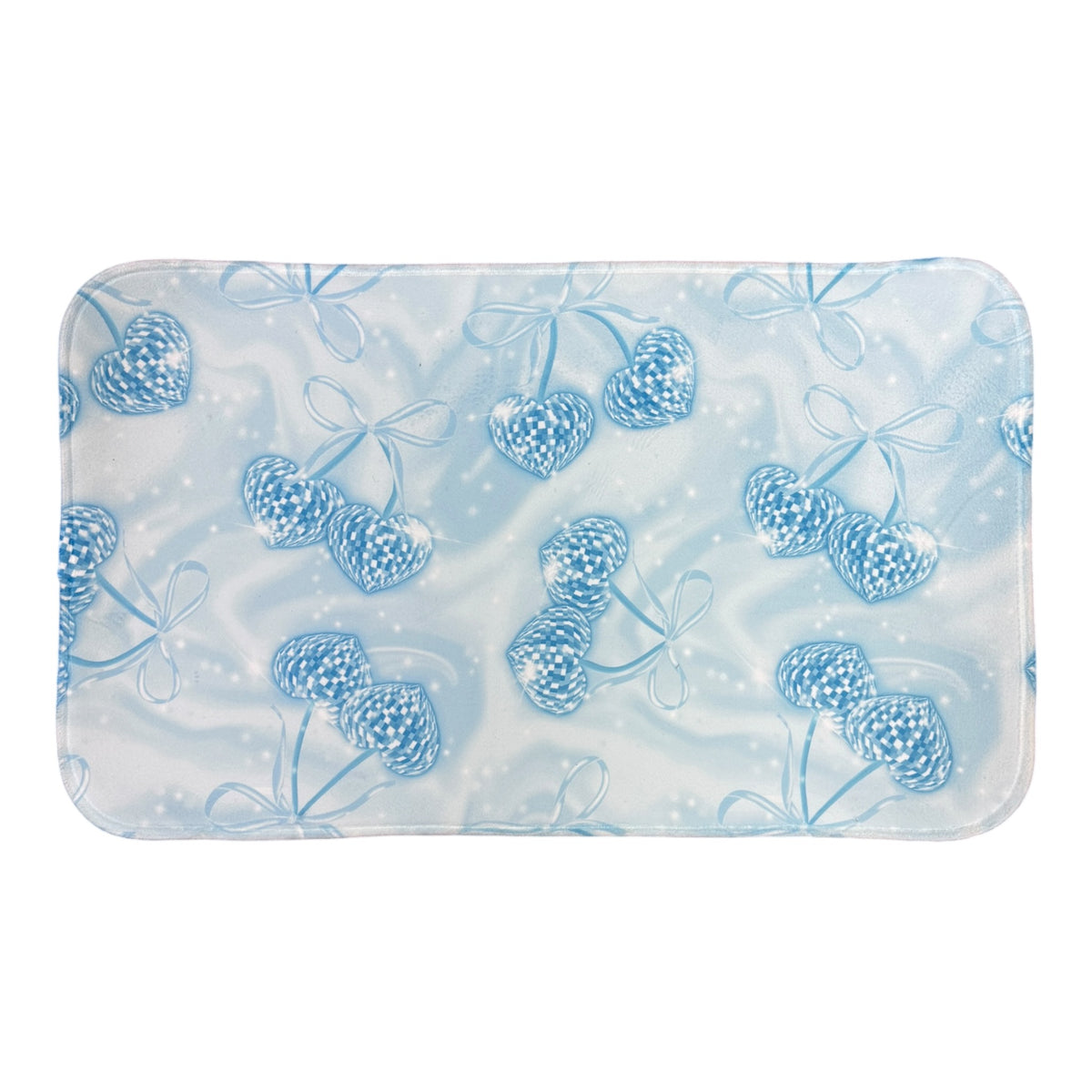 Denim and Diamonds camp floor mat with light blue checkered heart pattern on white background, soft washable bunk rug