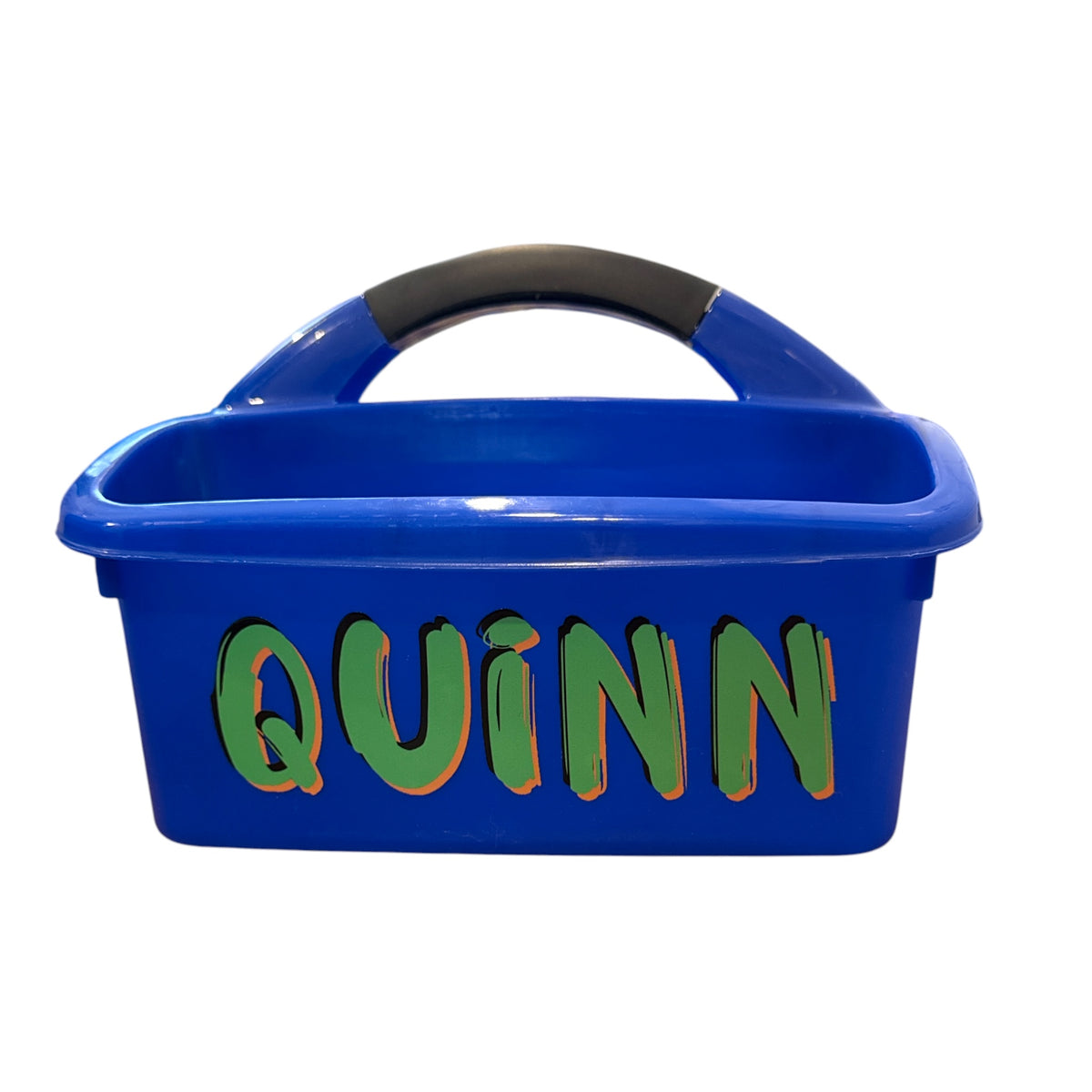 Blue shower caddy back view showing QUINN graffiti design with green outlined letters and black airplane graphic