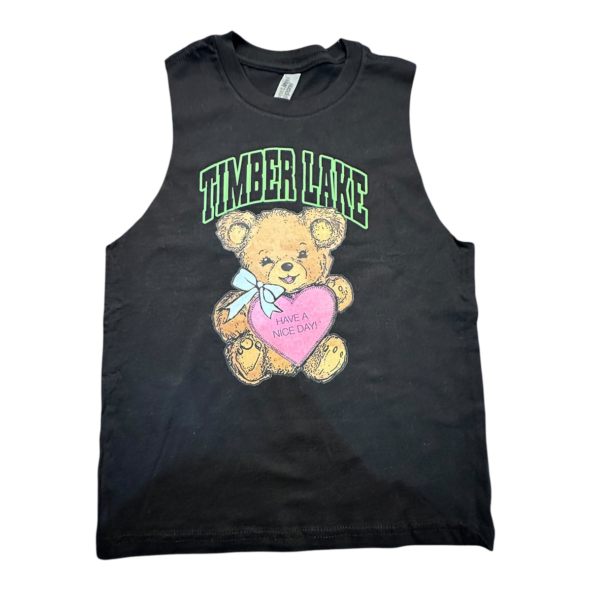 Black sleeveless Have a Nice Day Bear tank top with green Timber Lake text and teddy bear holding pink heart graphic
