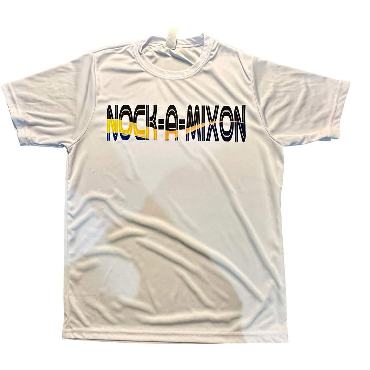 Camp Wave Tee in white with bold gradient lettering in black, yellow, and blue wavy typography across the chest