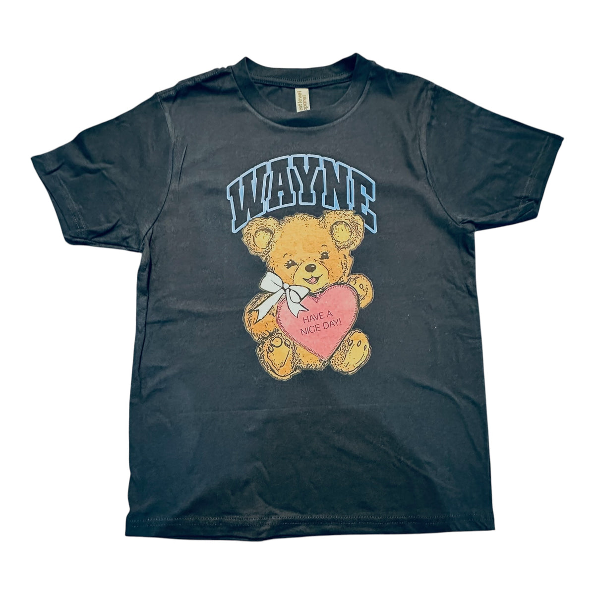 Black short-sleeve Have a Nice Day Bear tee with light blue Wayne text and teddy bear holding pink heart that says Have a Nice Day