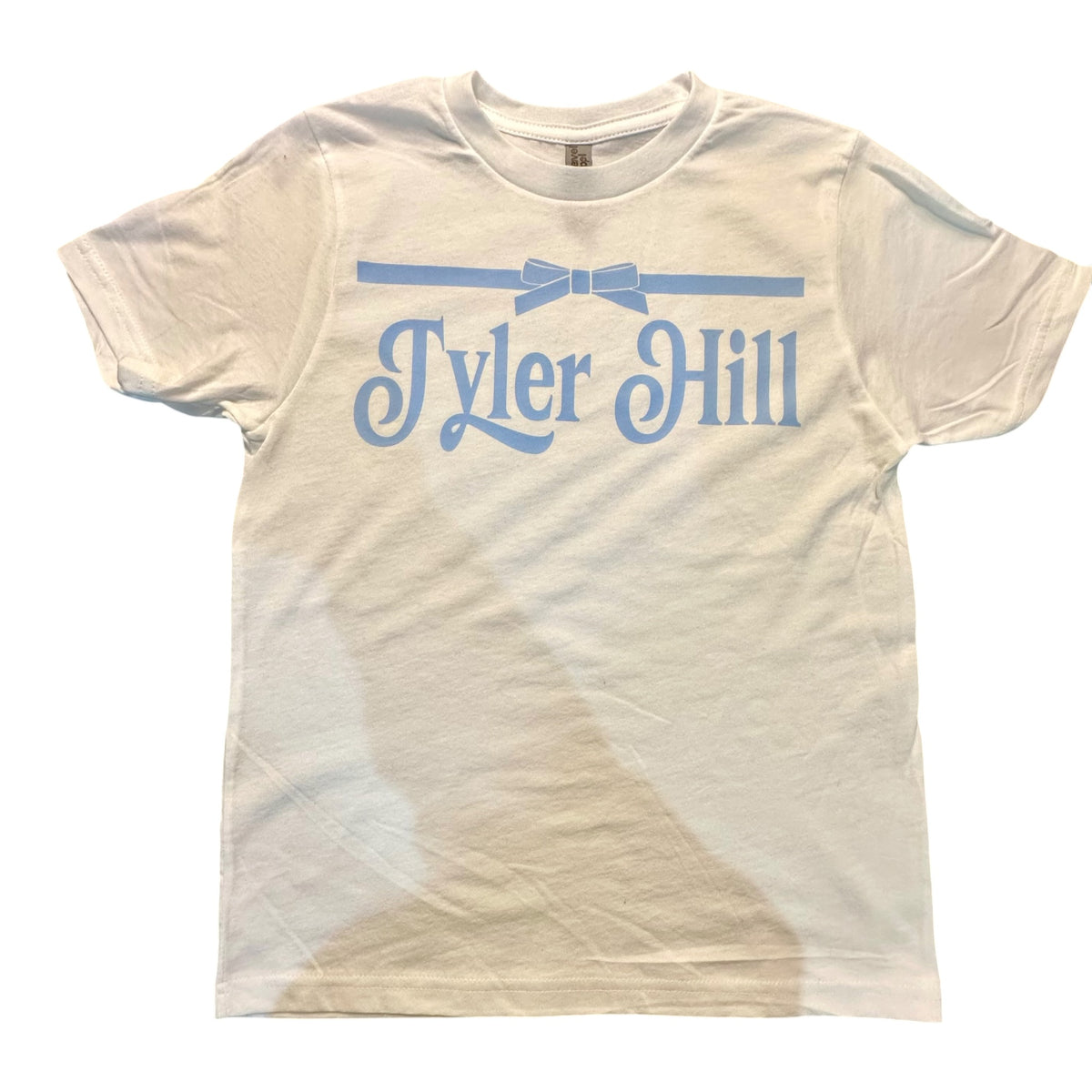 Tyler Hill ribbon camp tee in cream with blue ribbon detail and vintage style camp name lettering