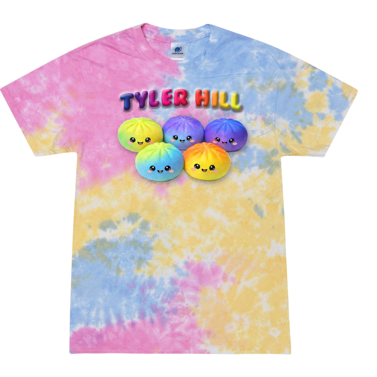 Squishy Dumpling Tie Dye Camp Tee with pastel pink blue and yellow tie dye pattern featuring five cute kawaii dumpling characters with happy faces and Tyler Hill text in rainbow colors