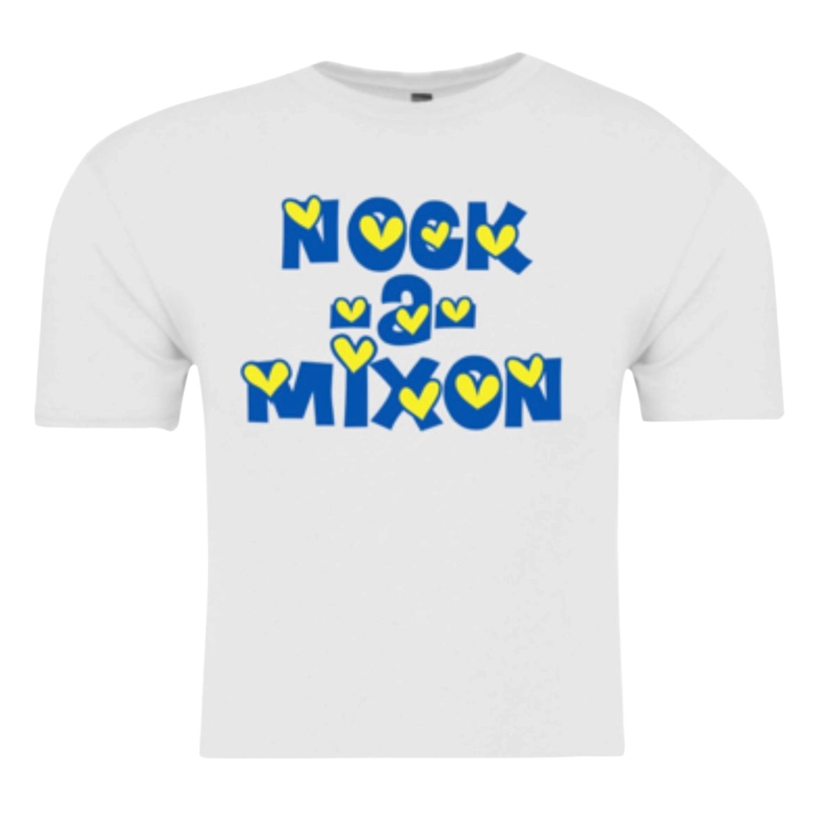 Confetti Heart Camp Tee on white background showing blue text "NOOK" and "NIXON" with yellow hearts scattered throughout graphic design