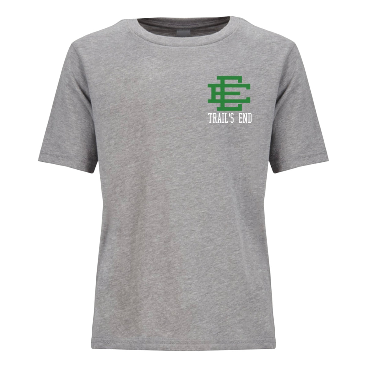 Heather gray cotton camp tee with green Trail's End logo and monogram design on chest