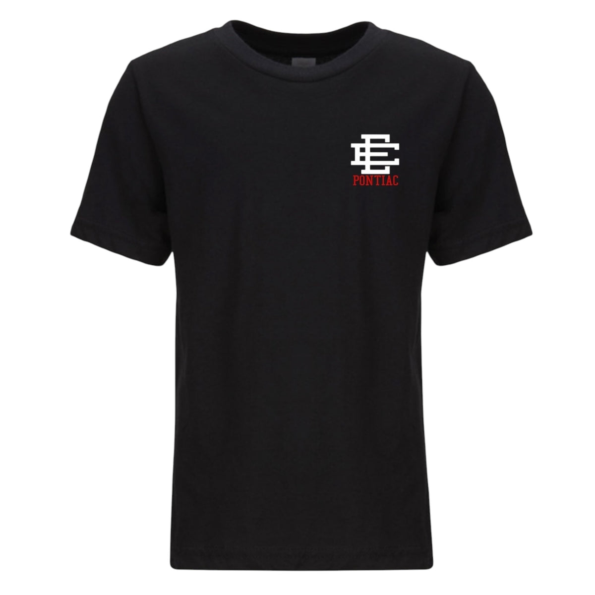 Black cotton camp tee with white Pontiac logo and red text monogram design on chest
