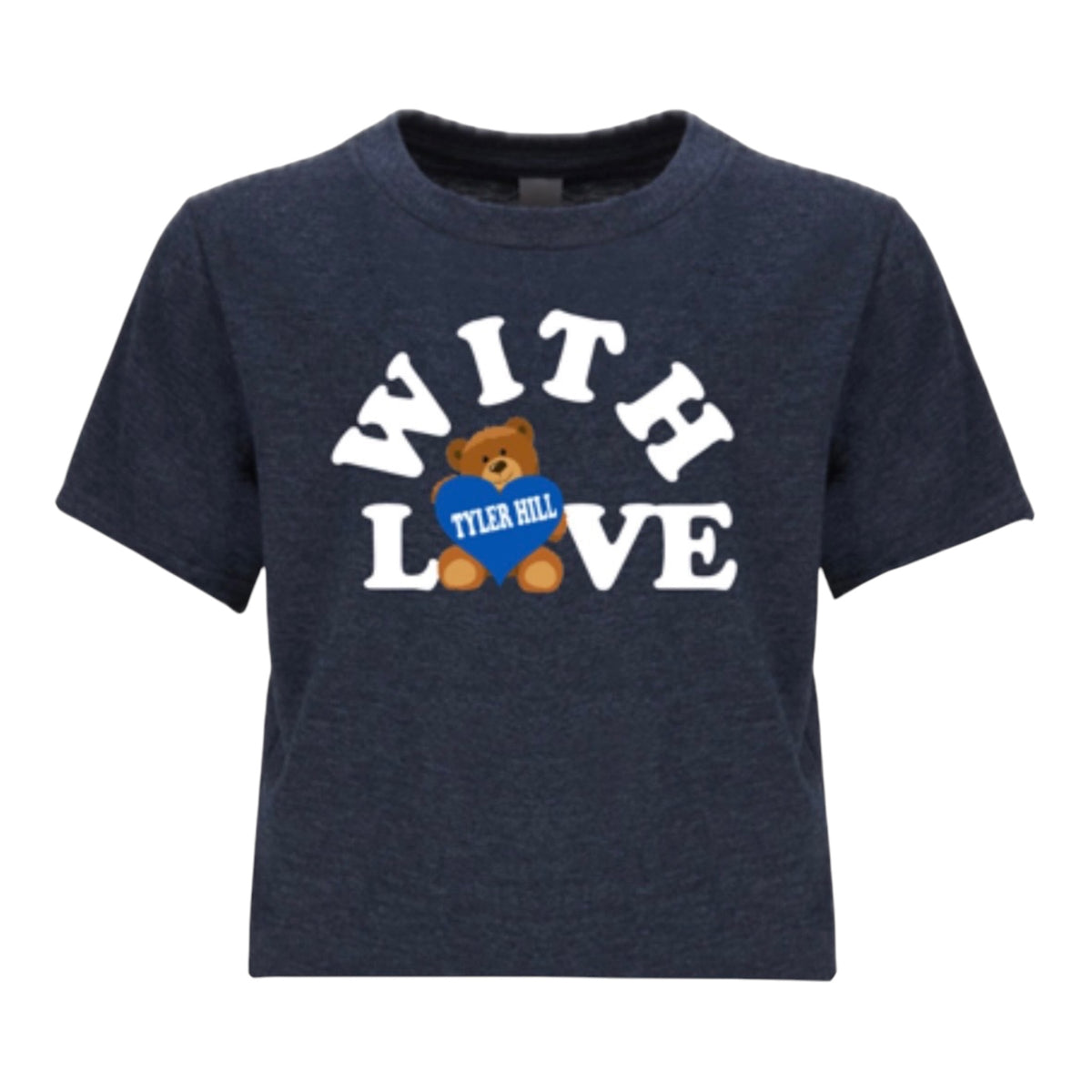 With Love Bear Camp Tee in heathered navy blue with white text and brown teddy bear holding blue Tyler Hill heart graphic