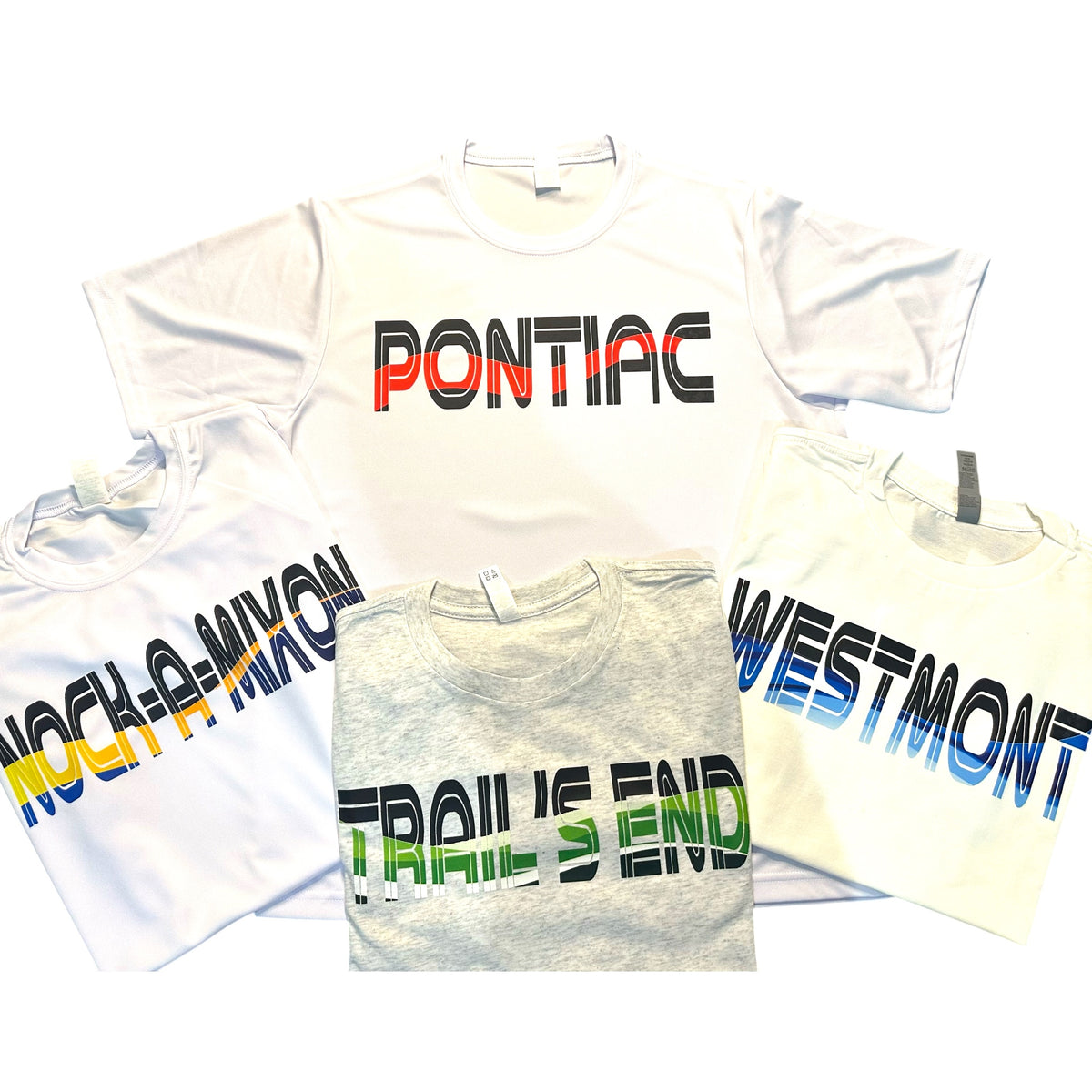 Collection of Bee Bee camp tees including white Camp Wave tee, Pontiac tee, Noel-A-Mixon tee, Westmont tee, and Trail's End tee with colorful retro designs