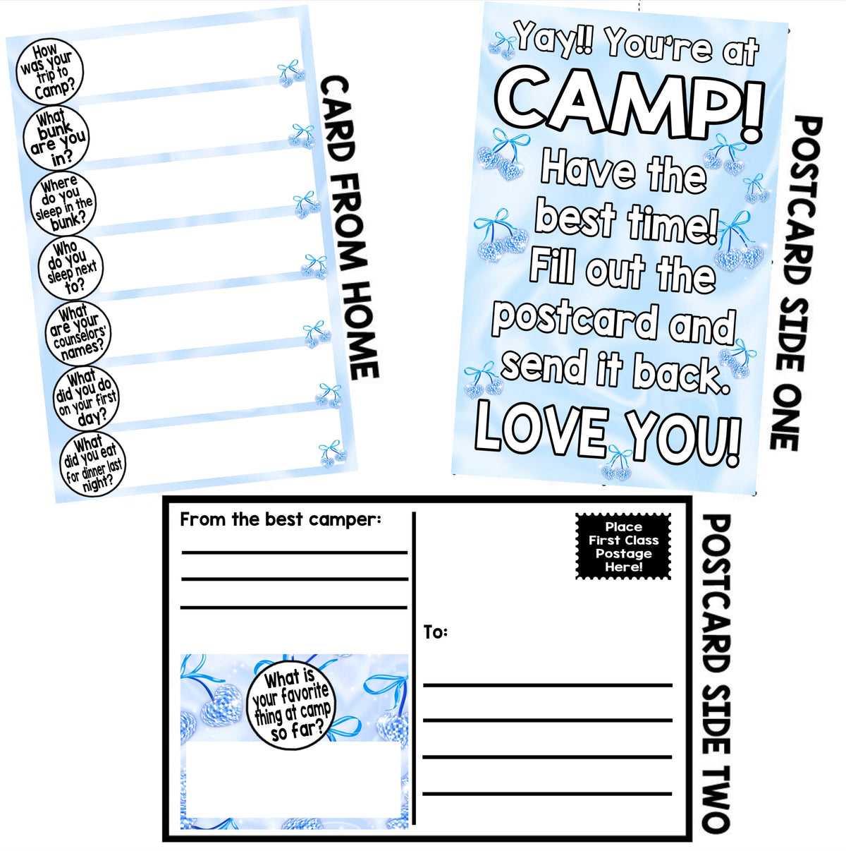 Denim and Diamonds First Letter to Camp postcard set showing blue tie-dye pattern with question prompts on left panel and message to camper with address lines on right panel