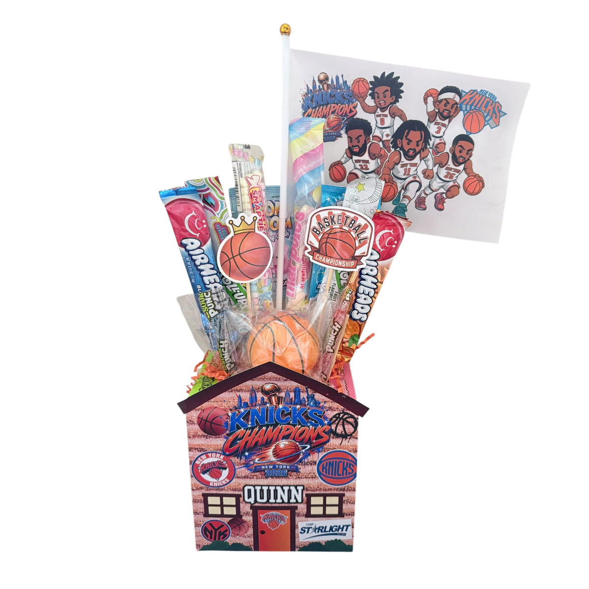 Knicks Championship candy cabin with personalized camp name, basketball themed decorations, nut-free candy and New York Knicks branding