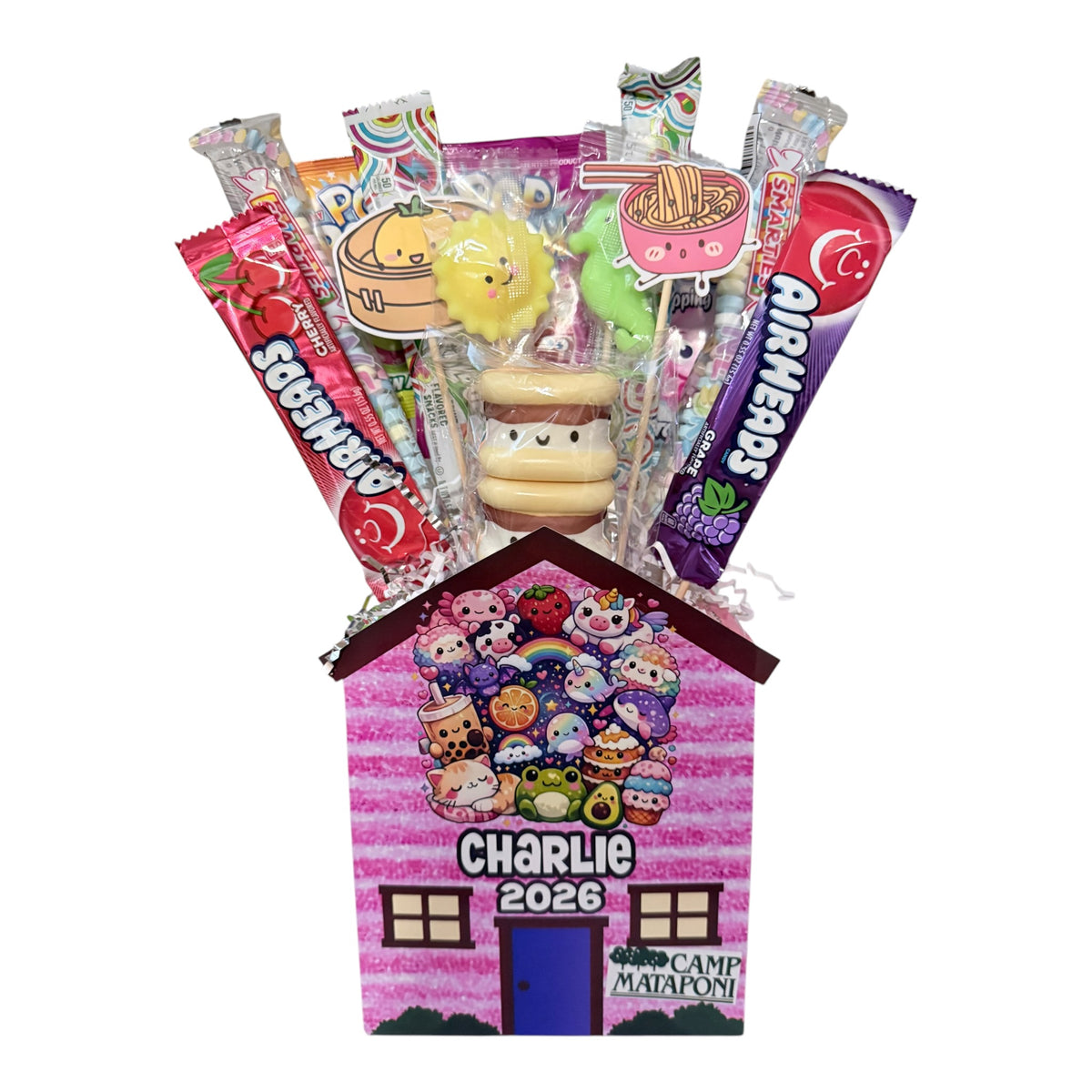 Squish Shack Candy Cabin with pink striped personalized house box featuring kawaii food illustrations, filled with candy necklaces, lollipops, squishy toys and pink heart sunglasses saying Camp Swiftie