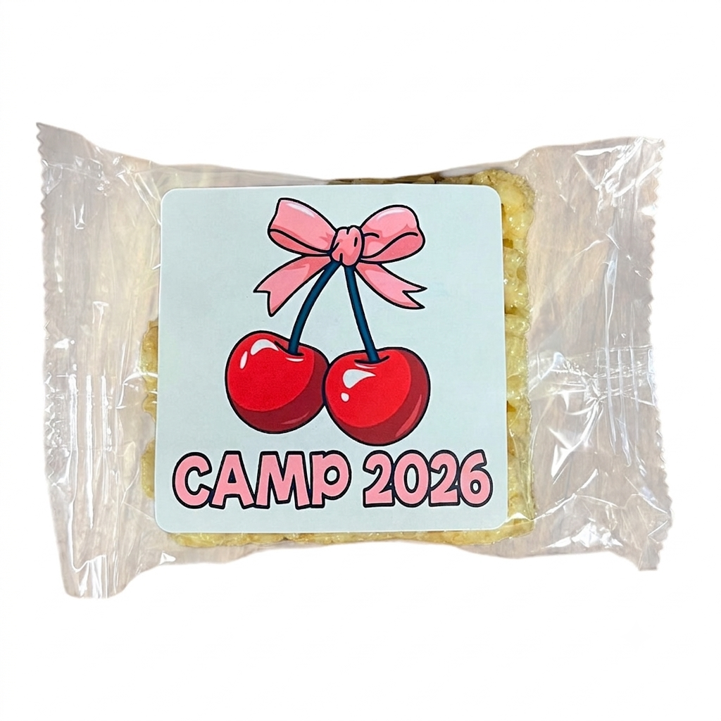 Bows and Cherries Rice Krispies treat with a Camp 2026 label of a pink bow and red cherries