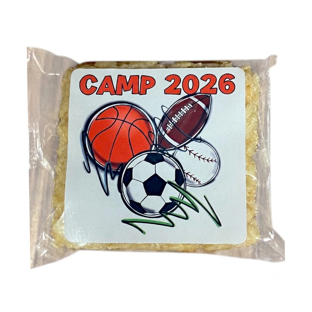 Rice Krispies treat with a CAMP 2026 label showing a basketball, football, baseball and soccer ball