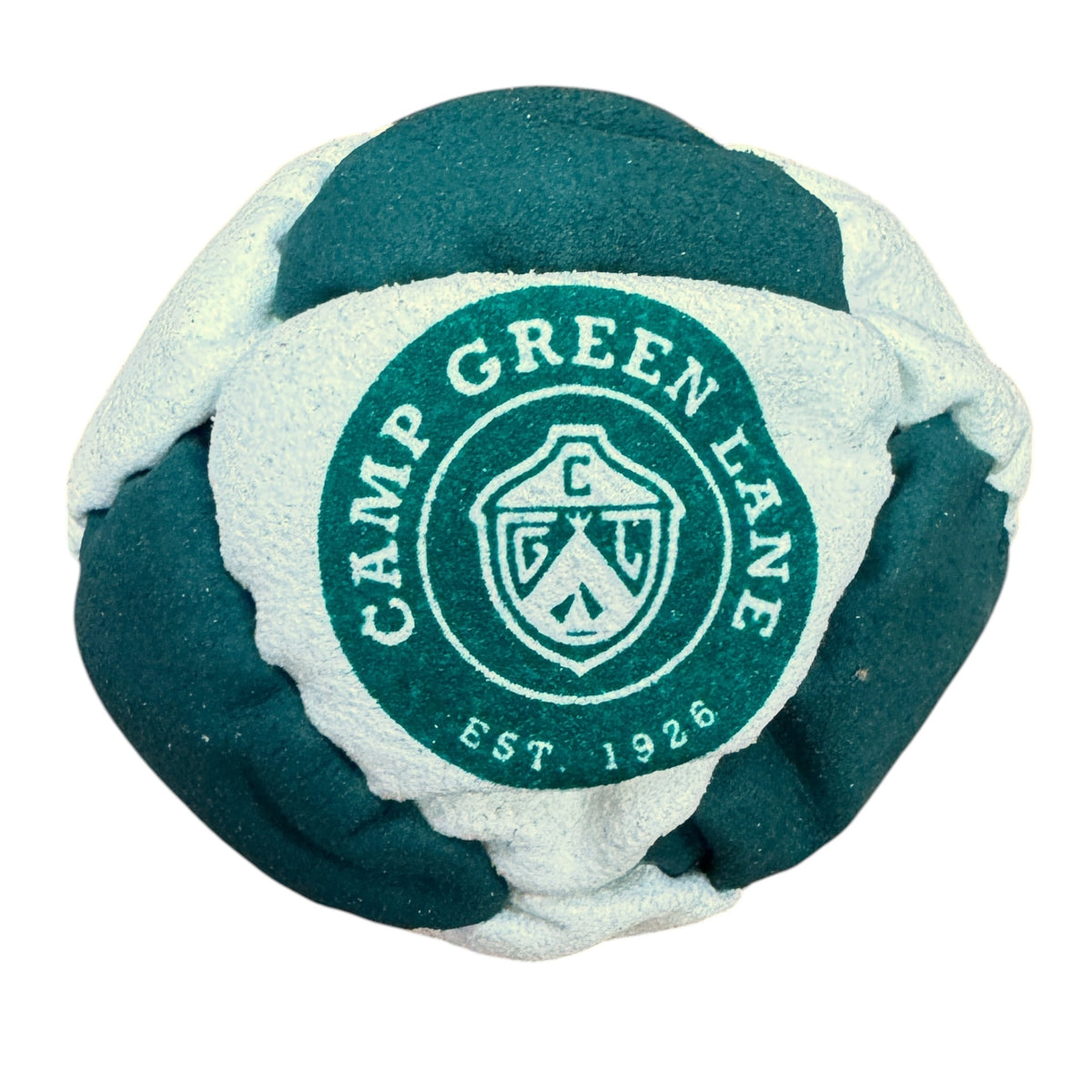 Close-up of red and grey Chippewa camp hacky sack with lion mascot detail