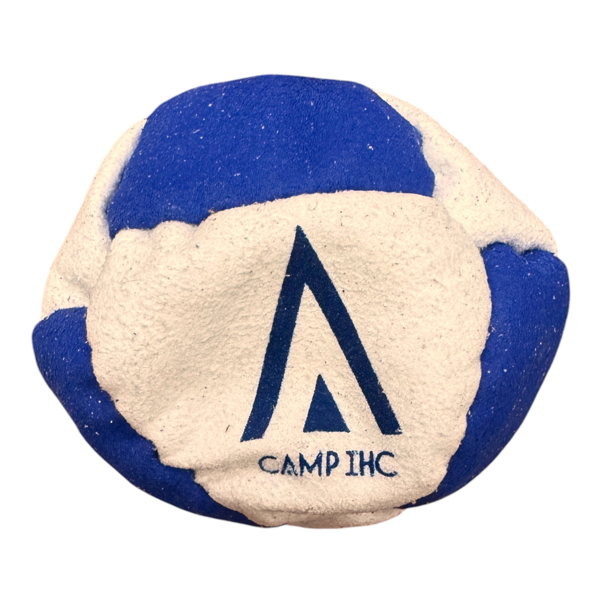 Close-up of Camp Wayne hacky sack showing blue and white color scheme with interlocking CW letters
