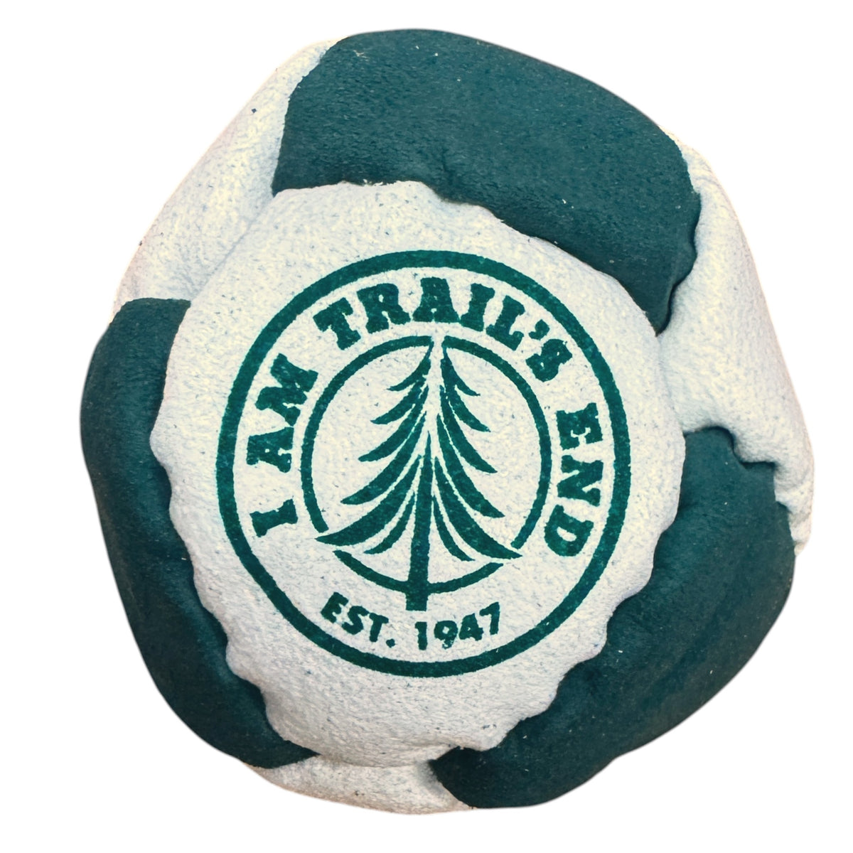 Close-up of Echo Lake camp hacky sack in yellow and green with shield logo featuring crossed paddles and pine trees