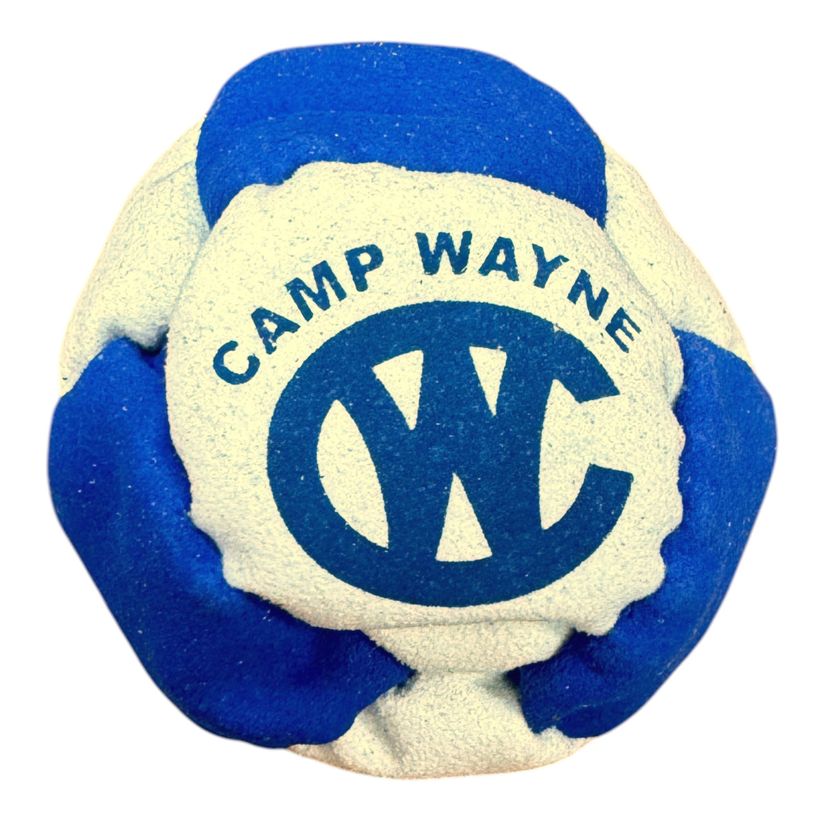 Close-up of Camp Wayne hacky sack in blue and white with CW logo