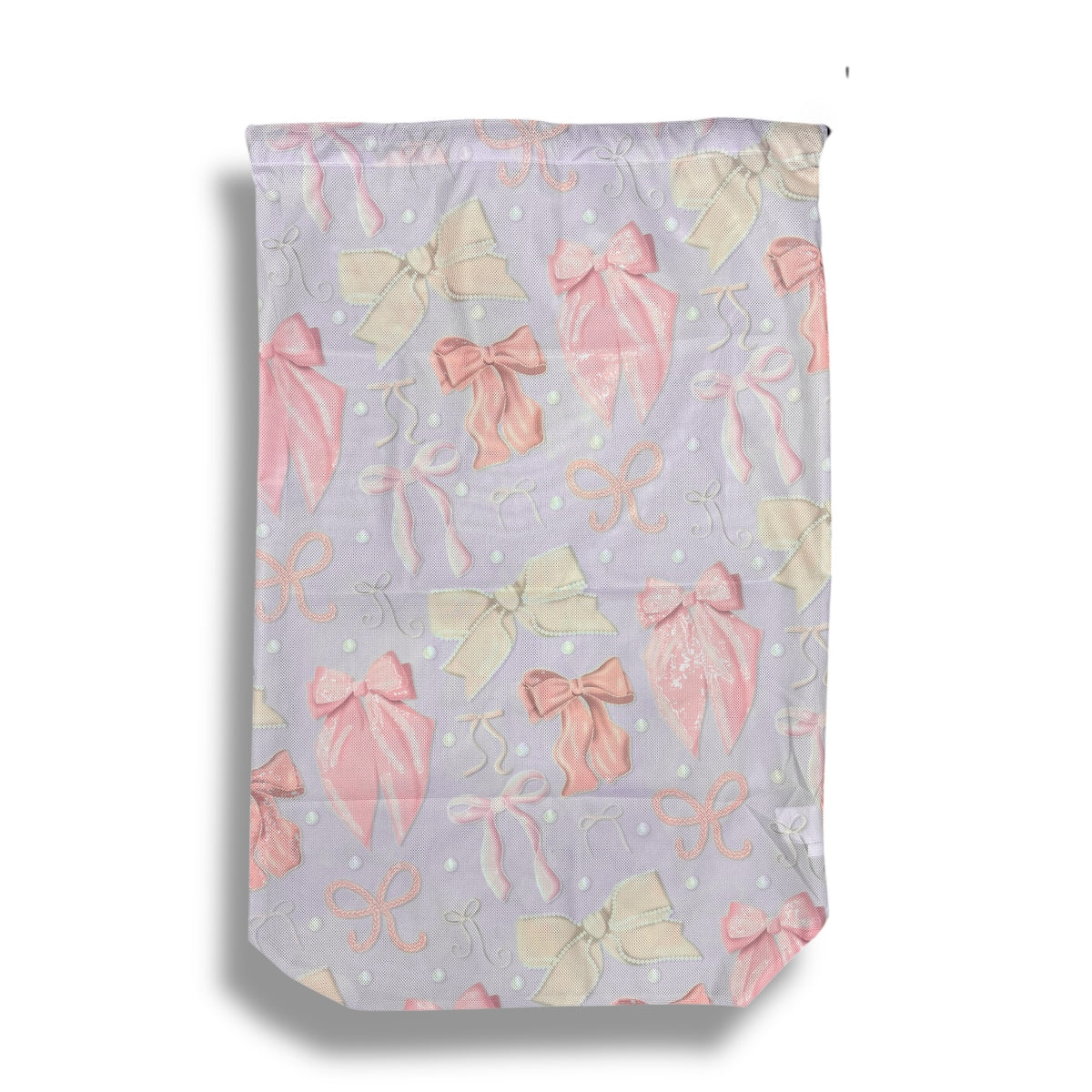Coquette Bows Camp Mesh Laundry Bag for dirty clothes – summer camp essential, breathable mesh, Bee Bee Designs.