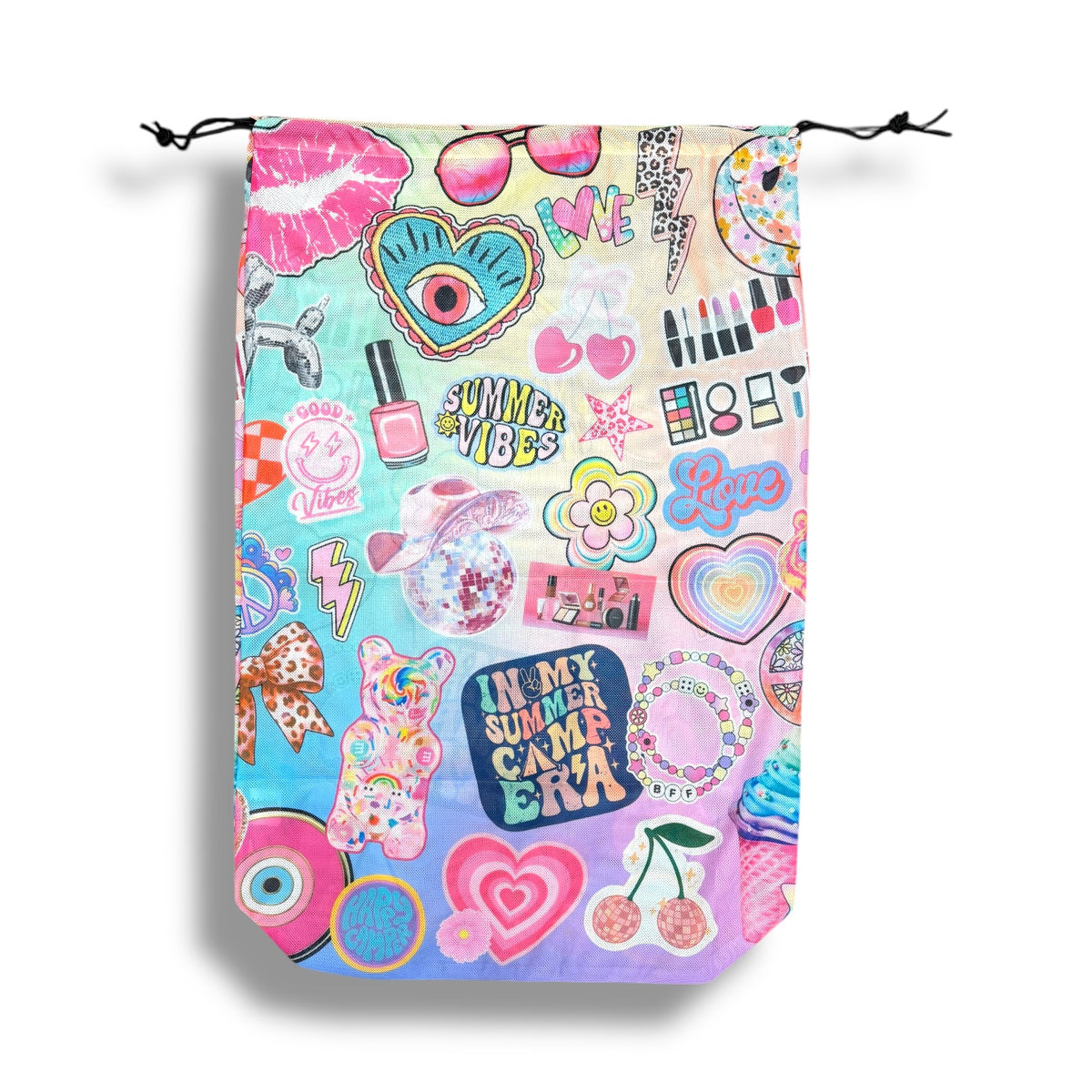 Pretty Preppy Camp Mesh Laundry Bag for dirty clothes – summer camp essential, breathable mesh, Bee Bee Designs.