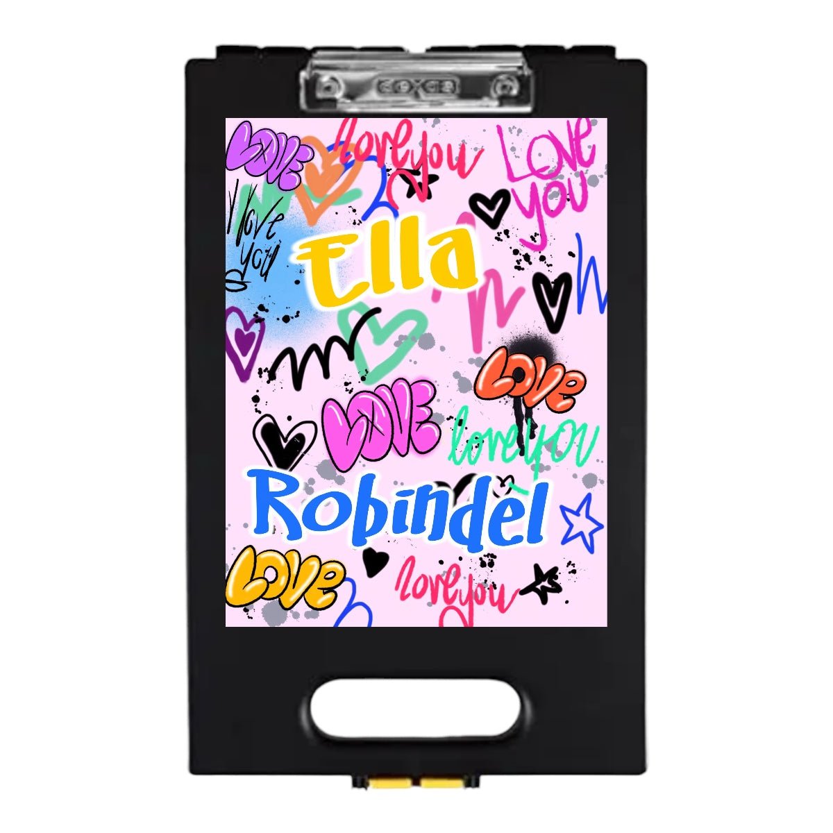 Love You Lots personalized clipboard with colorful graffiti design featuring names Ella and Robindel, pink background with hearts and love messages, black clip at top