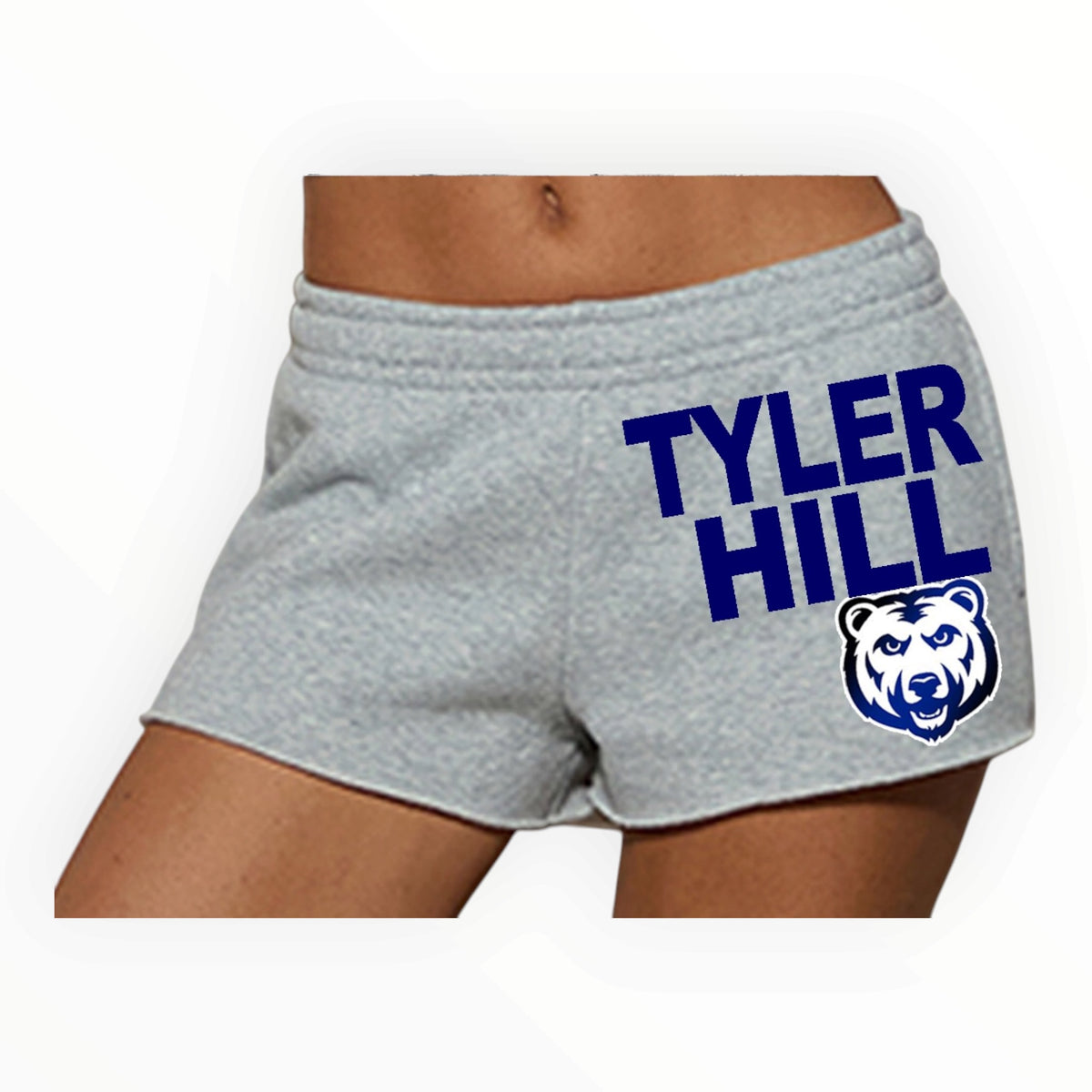 Gray sweat shorts with Tyler Hill camp name in blue and bear mascot logo patch shown on model