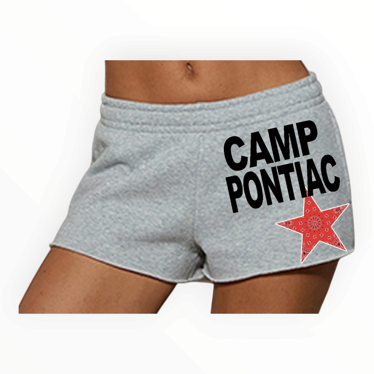 Gray camp shorts with Camp Pontiac text in black and red bandana star patch displayed on model