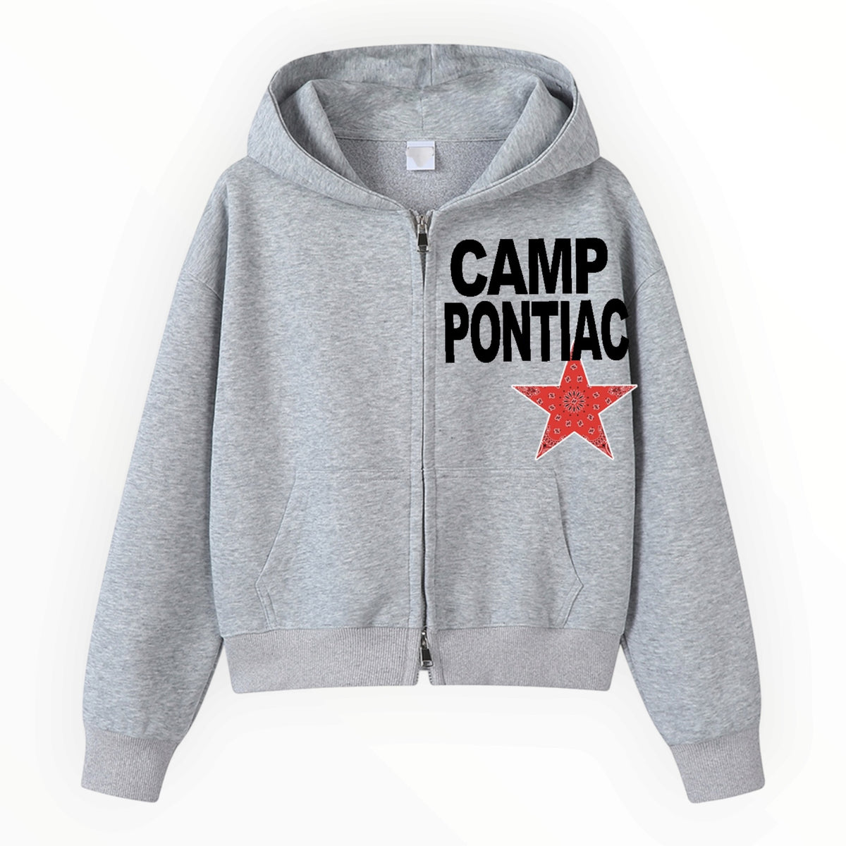 Gray Camp Pontiac zip-up hoodie with black text and red bandana star patch on white background