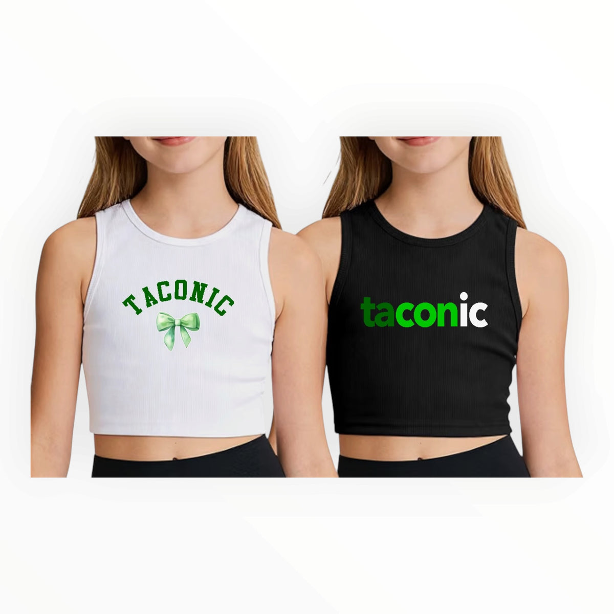 Model wearing white ribbed cropped tank top with green TACONIC camp text and green bow graphic, paired with black athletic shorts