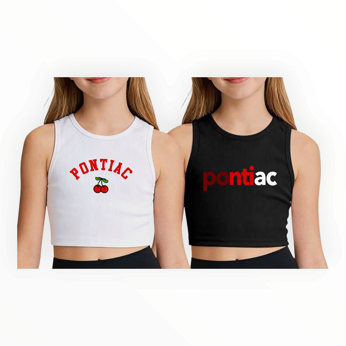 Two girls wearing personalized camp cherries cropped tanks - one white ribbed tank with red Pontiac text and cherry graphic, one black ribbed tank with red and white Pontiac color fade text