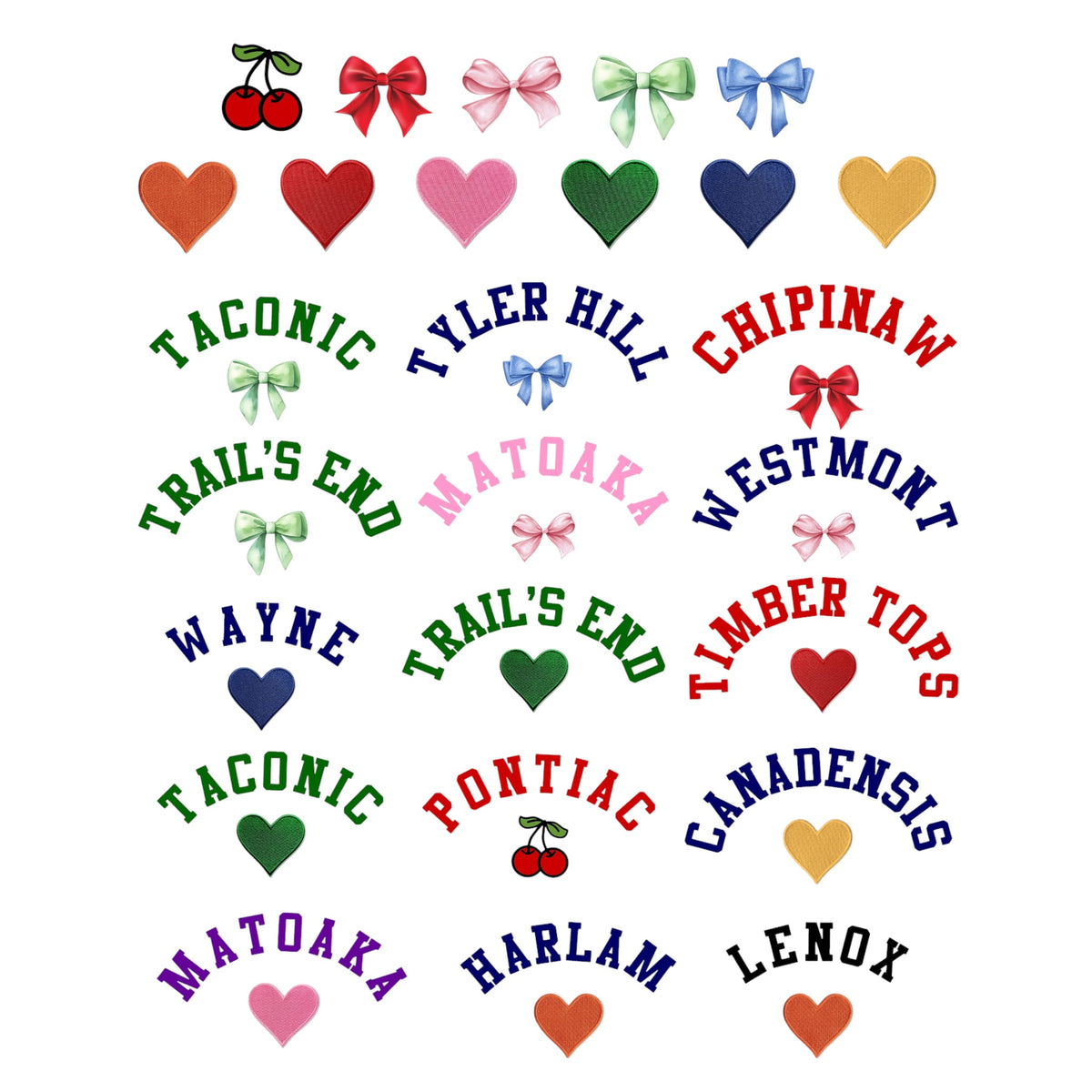 Assortment of camp-themed embroidery designs including cherries, bows, hearts in various colors, and personalized camp names like Pontiac, Taconic, Tyler Hill, and Chipinaw on white background