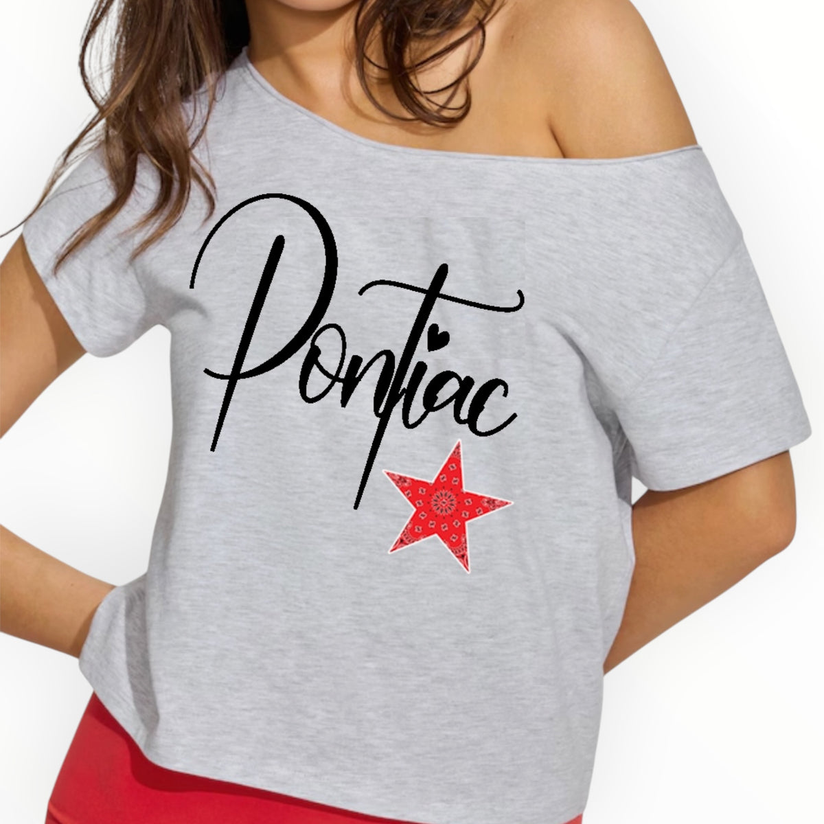 Custom camp tee with Pontiac name in black script and red bandana star on heather grey off-shoulder shirt