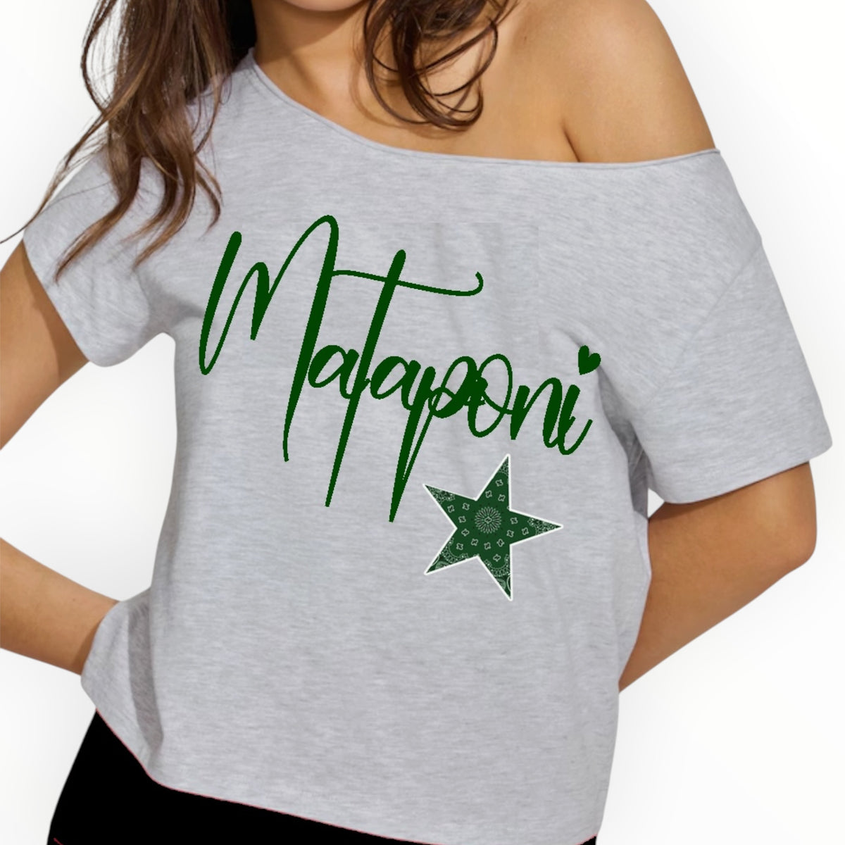 Heather grey off-shoulder camp tee with Mataponi name in green script and green bandana star accent