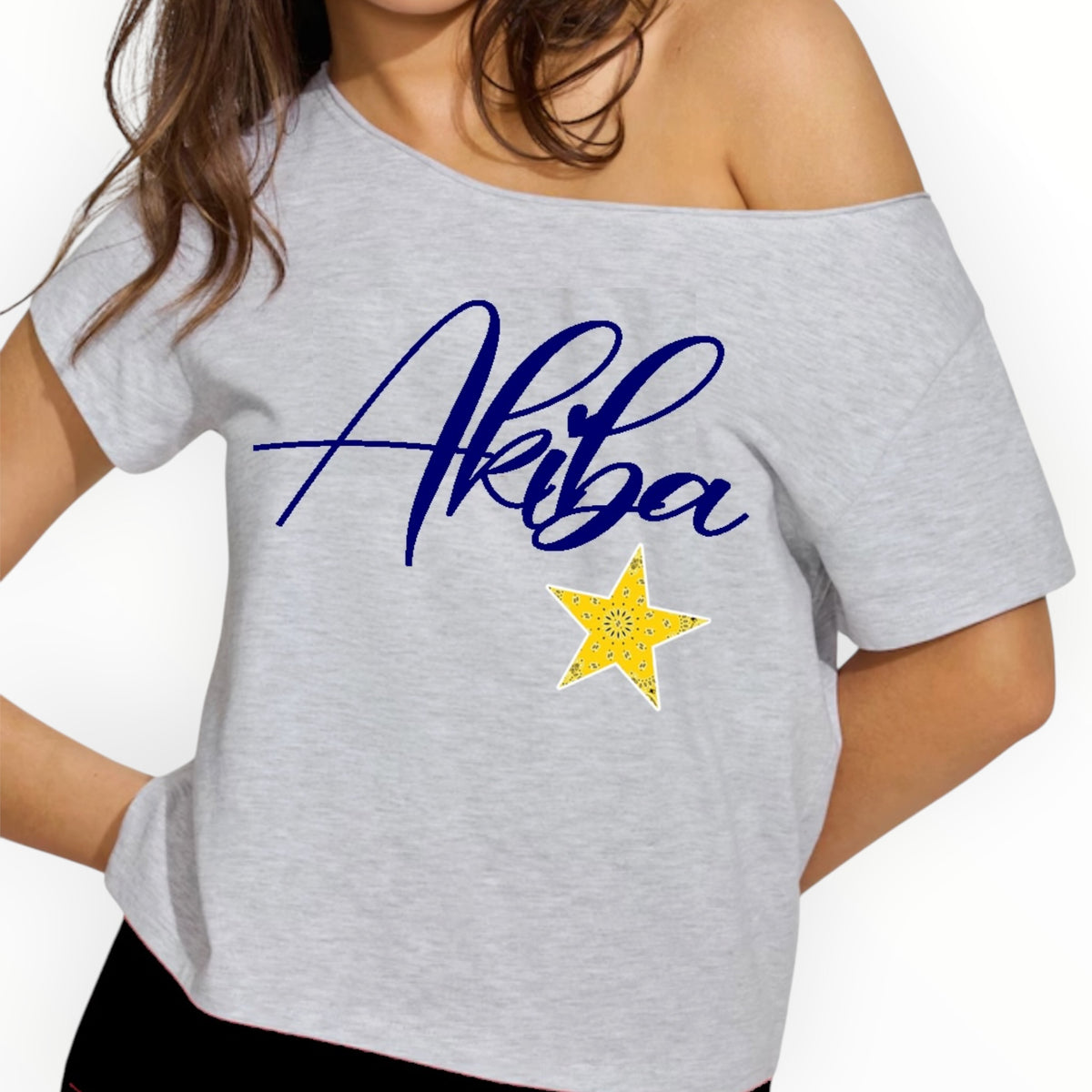 Bandana Star Off-Shoulder Cropped Camp Tee in heather grey with Akiba name in navy script and yellow bandana star