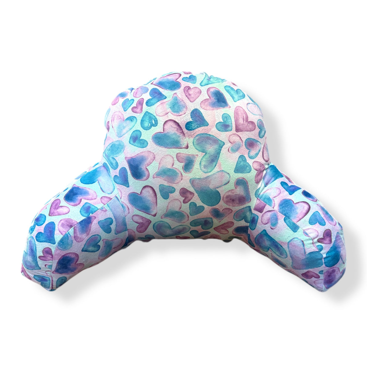 OG Watercolor Hearts Camp Boyfriend Pillow with soft blue, purple, and pink watercolor heart pattern on white background, backrest pillow with arms for sleepaway camp bunk