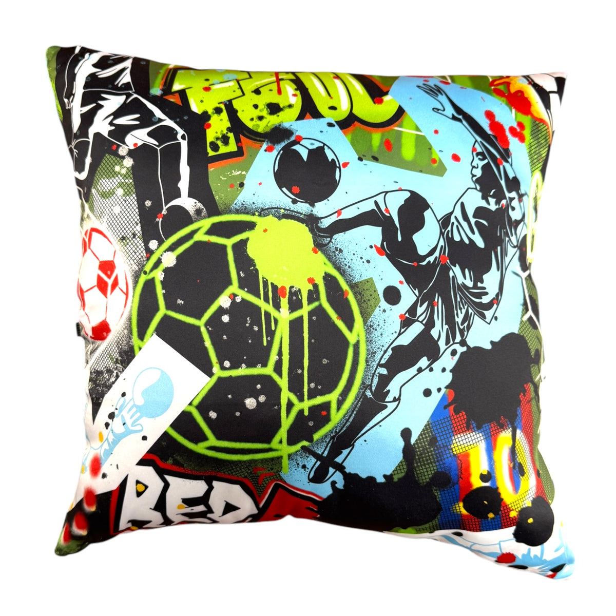 Graffiti Soccer Autograph Pillow with bright neon yellow and green soccer ball design, blue and red graffiti graphics, and black silhouettes of soccer players on white background