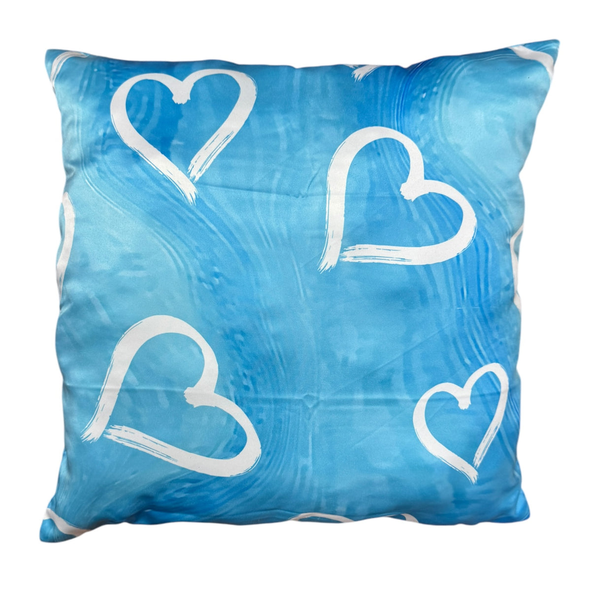 Blue painted hearts autograph pillow with white hand-painted heart outlines on watercolor blue background, Bee Bee Designs exclusive visiting day keepsake