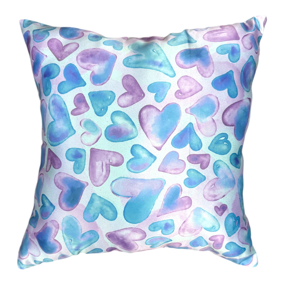 Watercolor Hearts Autograph Pillow with blue, purple, and aqua watercolor heart pattern on white fabric, perfect for camp bunk signatures and memories