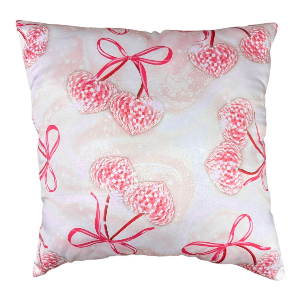 Disco Cherries Autograph Pillow in white with retro red and white checkered heart-shaped cherries connected by pink ribbon bows on soft fabric background