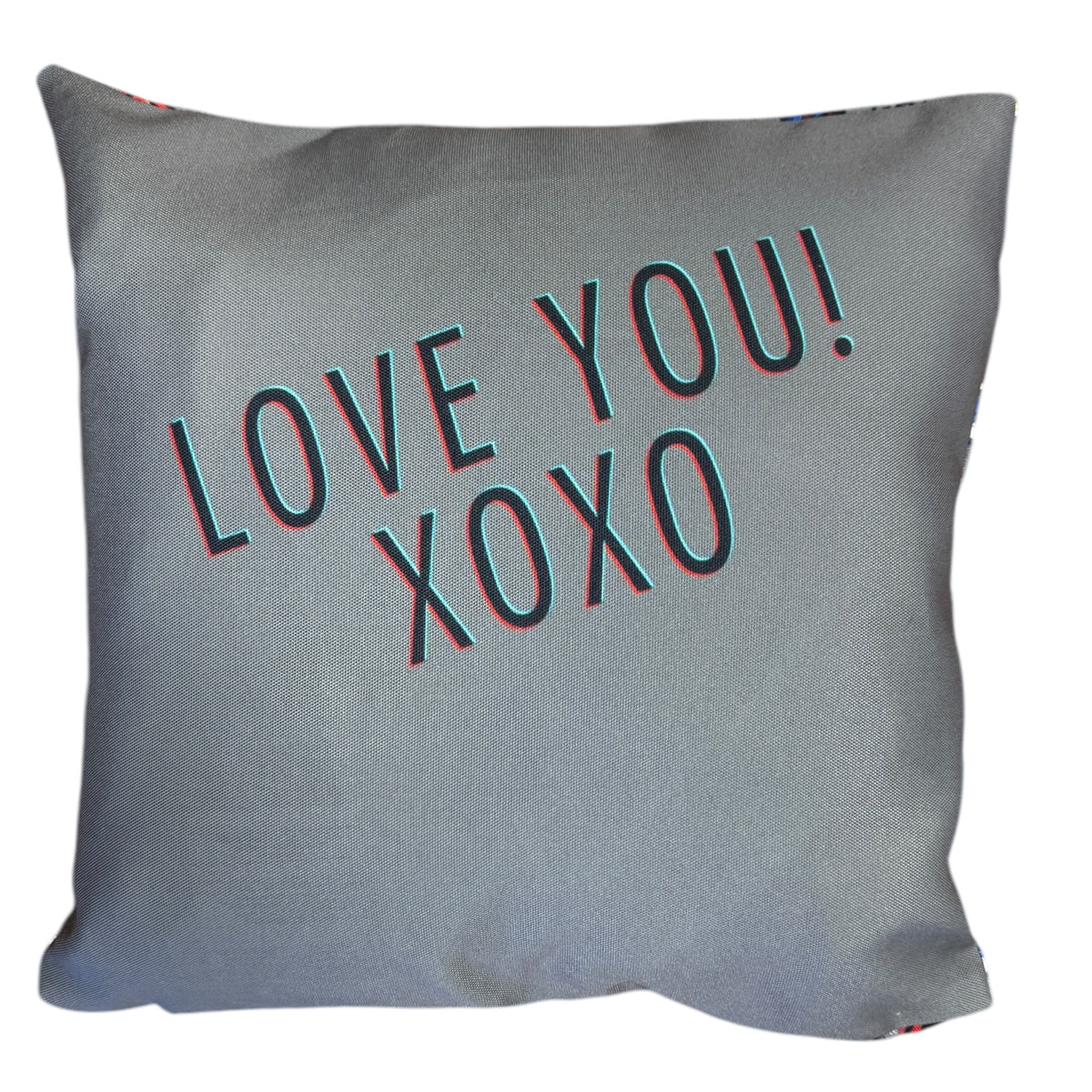 Graffiti Sneakers Photo Pillow reverse side with 'LOVE YOU! XOXO' text message printed on gray fabric with colorful graffiti sneaker pattern border