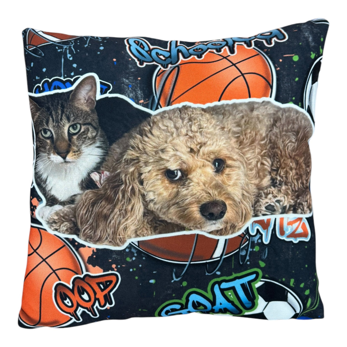 Street Sports Photo and Note Pillow with dark blue sports-themed background featuring basketballs, soccer balls, and graffiti-style text, with custom pet photo of tabby cat and fluffy dog in center